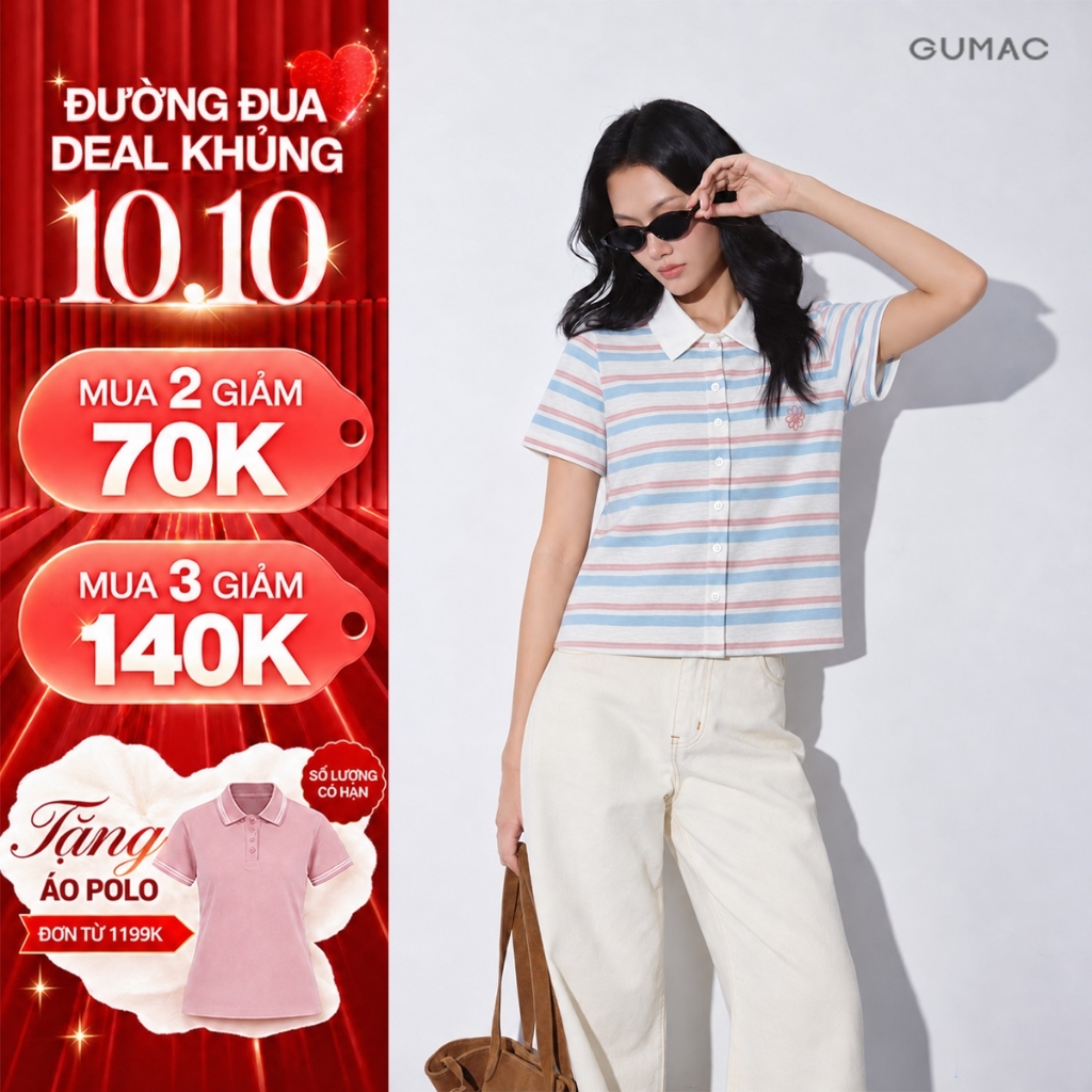 [NHẬP MÃ AFFOVAG GIẢM 99K] Áo Polo Nữ Gmorning - GUMAC Form Slim Cổ Polo Phối Bo Trắng Thêu Cỏ 4 Lá YAPG10029
