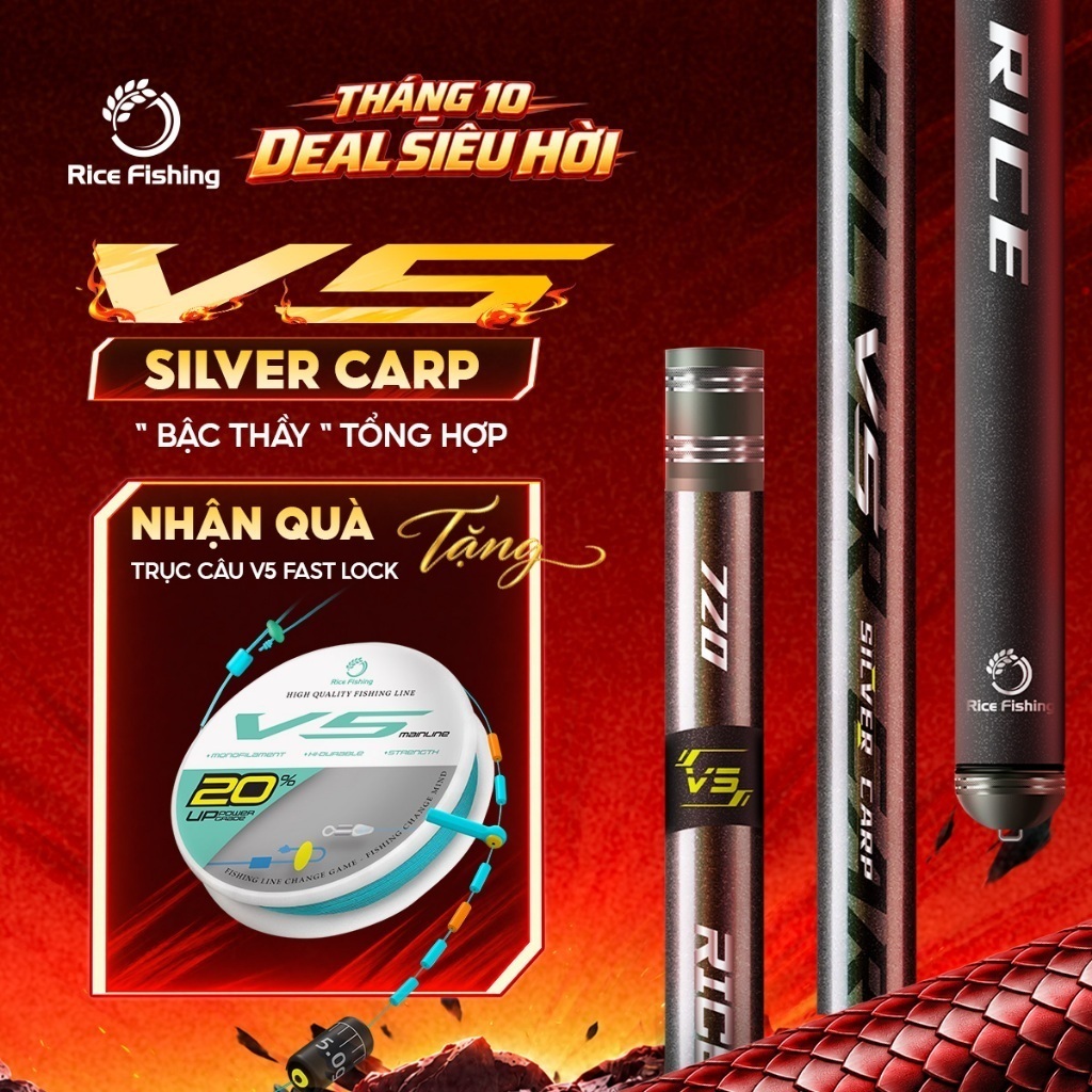 Cần câu đài V5 SILVER CARP RiceFishing chất liệu carbon cao cấp chuyên câu cá chép, cá mè CC-34