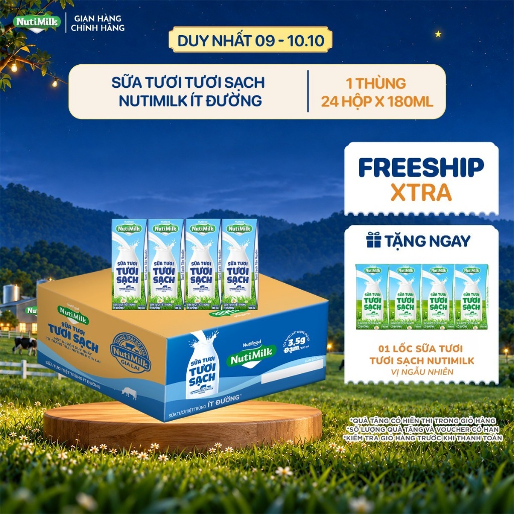 Thùng 24 Hộp Sữa Tươi Tươi Sạch NutiMilk Ít Đường Hộp 180ml