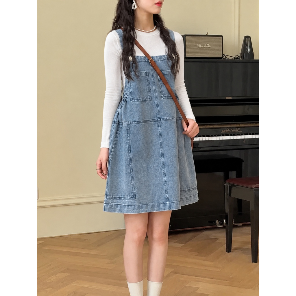 Yếm jean nữ dáng ngắn KOKO phối túi lớn trước sau chất jean mềm co giãn phong cách Hàn Quốc mã Y4
