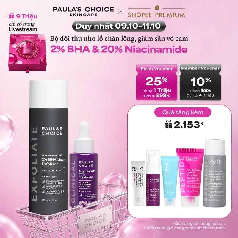 Bộ đôi thu nhỏ lỗ chân lông Paula's Choice Clinical Niacinamide 20% , Skin Perfecting 2% BHA Liquid Mã 8030-2010