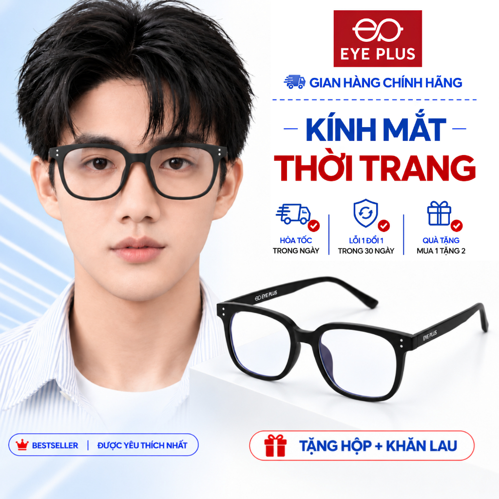 Gọng Kính Mắt Nam Nữ Vuông Eye Plus 2505 Nhựa Dẻo TR90 Mắt Chống UV Và Ánh Sáng Xanh Dáng Thời Trang