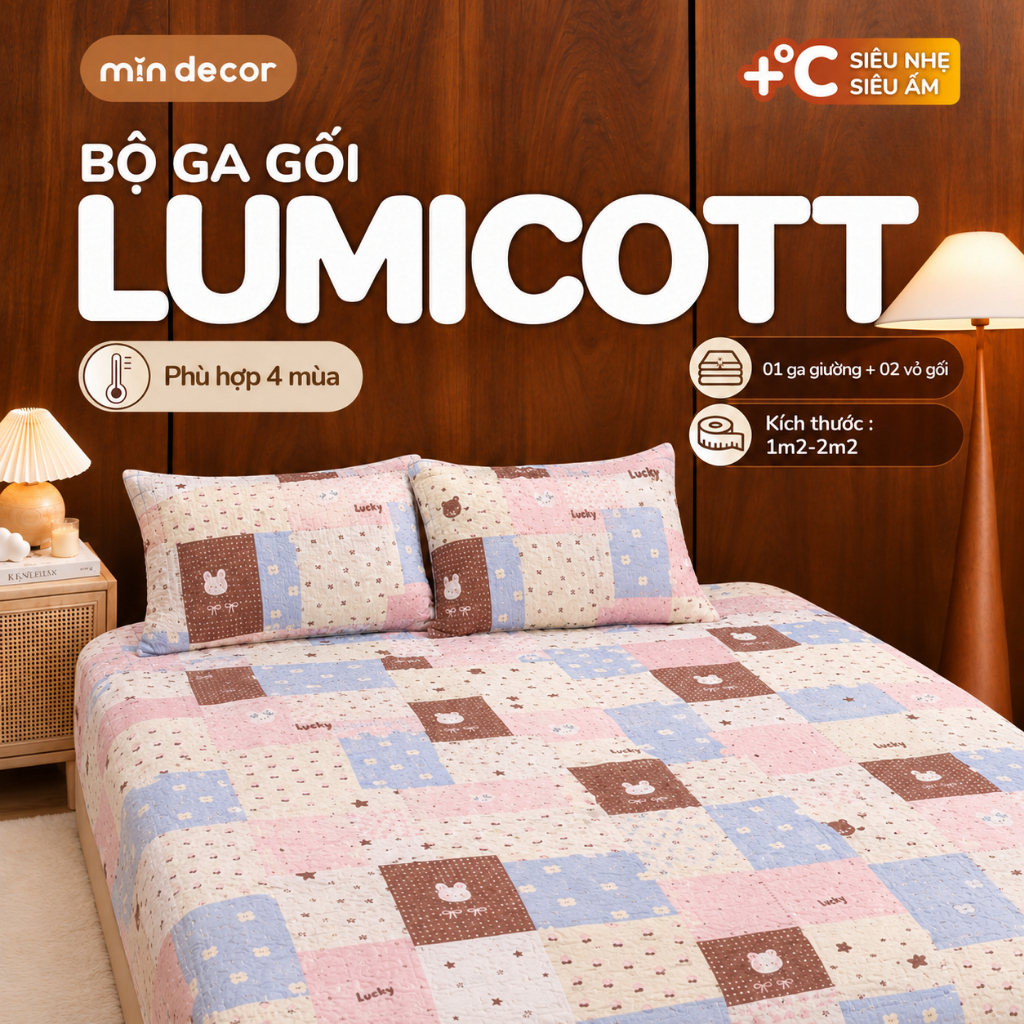 Bộ Ga Gối Lumicott Mịn Decor, Bộ 3 Món Ga Nệm Vỏ Gối 4 Mùa, Đủ Size Ga Giường, Thoáng Mát