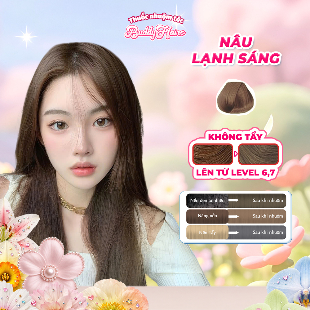 Thuốc nhuộm tóc Nâu Lạnh Sáng, Nâu Lạnh, Nâu Trà Sáng không cần dùng Thuốc tẩy tóc Buddyhairs, Buddyhair, Buddy.hairs