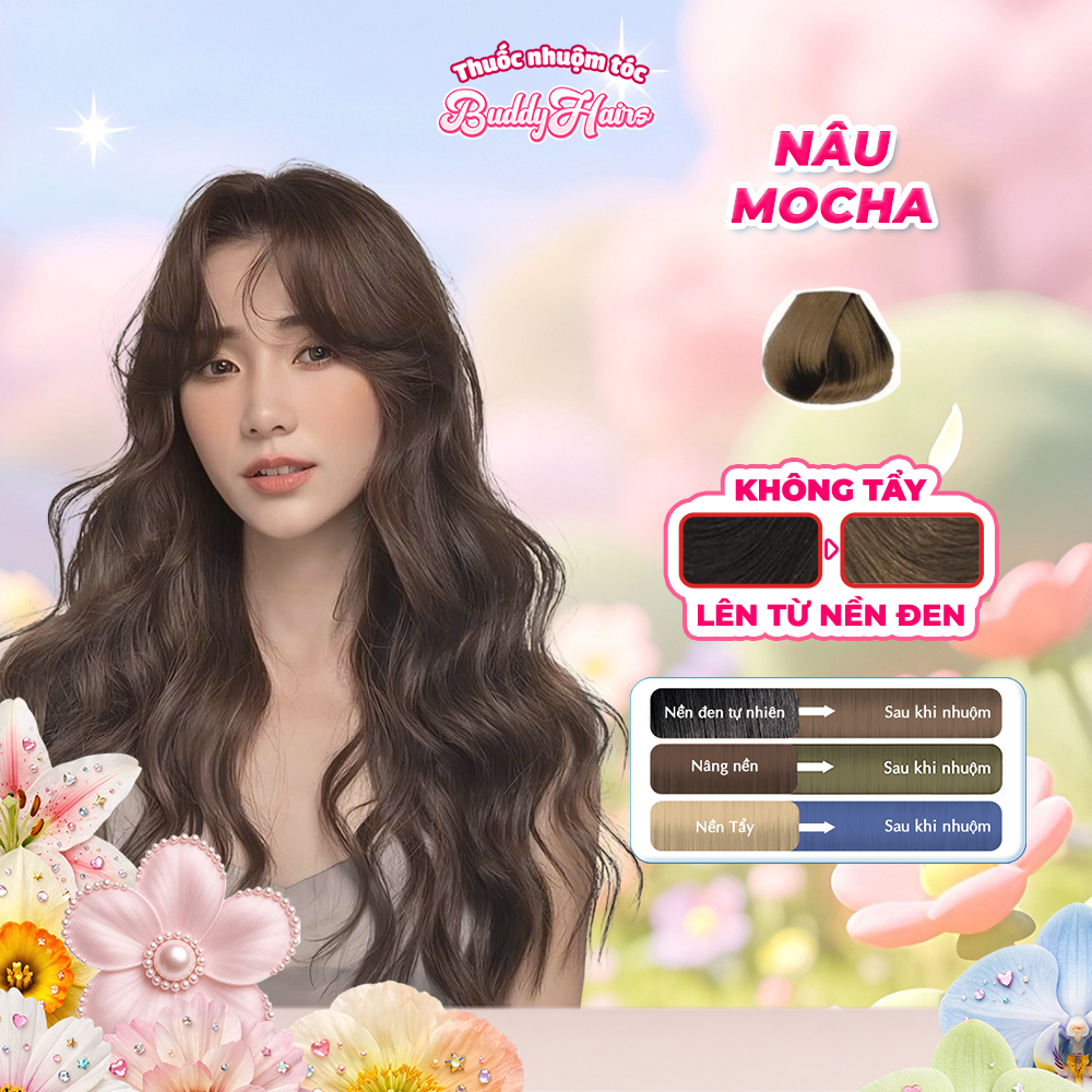 Thuốc nhuộm tóc màu NÂU MOCHA - NÂU TRÀ ĐEN thuốc nhuộm tóc không cần tẩy, kem nhuộm tóc tại nhà Buddyhairs tặng kèm dụn