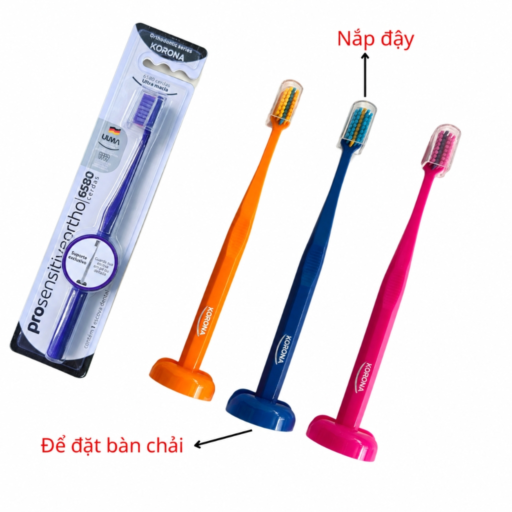 Bàn chải niềng răng Korona prosensitive ortho siêu mềm, có rãnh giữa vệ sinh răng niềng chuyên dụng - Dinh Dinh