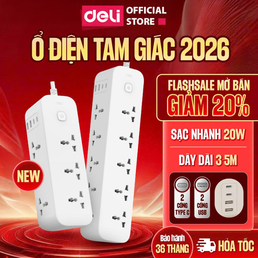 [Hỏa Tốc] Ổ Cắm Điện Tam Giác DELI 2026 Chịu Tải 2500W Ổ Đa Năng Dây Dài 3-5m Cổng USB Chống Cháy Chống Giật
