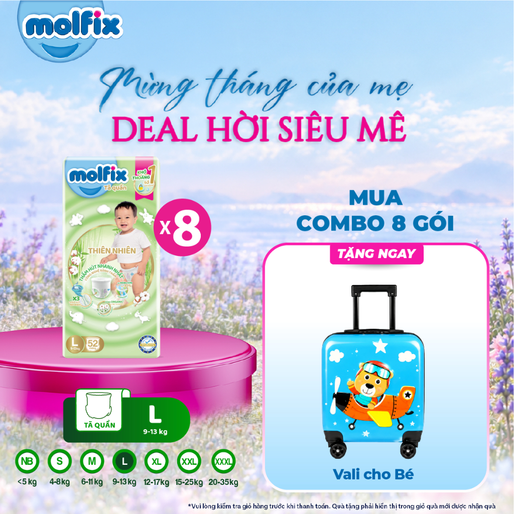 Combo 8 Tã/bỉm quần Molfix Thiên Nhiên Super Jumbo (CÓ MIX SIZE) bông cotton organic