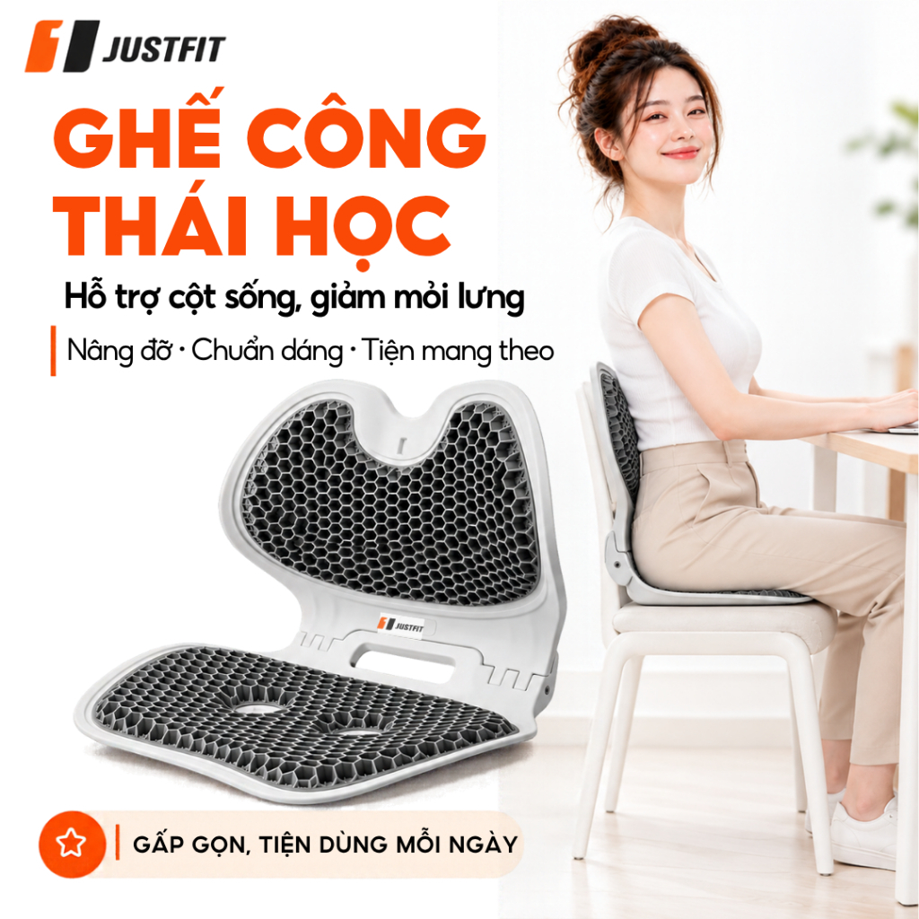 Ghế công thái học gấp gọn JUSTFIT nâng cấp, chỉnh tư thế định hình cột sống, êm ái chống mỏi gù lưng
