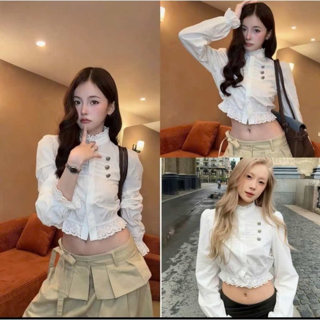 Áo sơ mi nữ A.878, Áo sơ mi cổ trụ dài tay cúc napoleon ren bèo cổ, tay và vạt áo năng động - Shop Chấm Bi