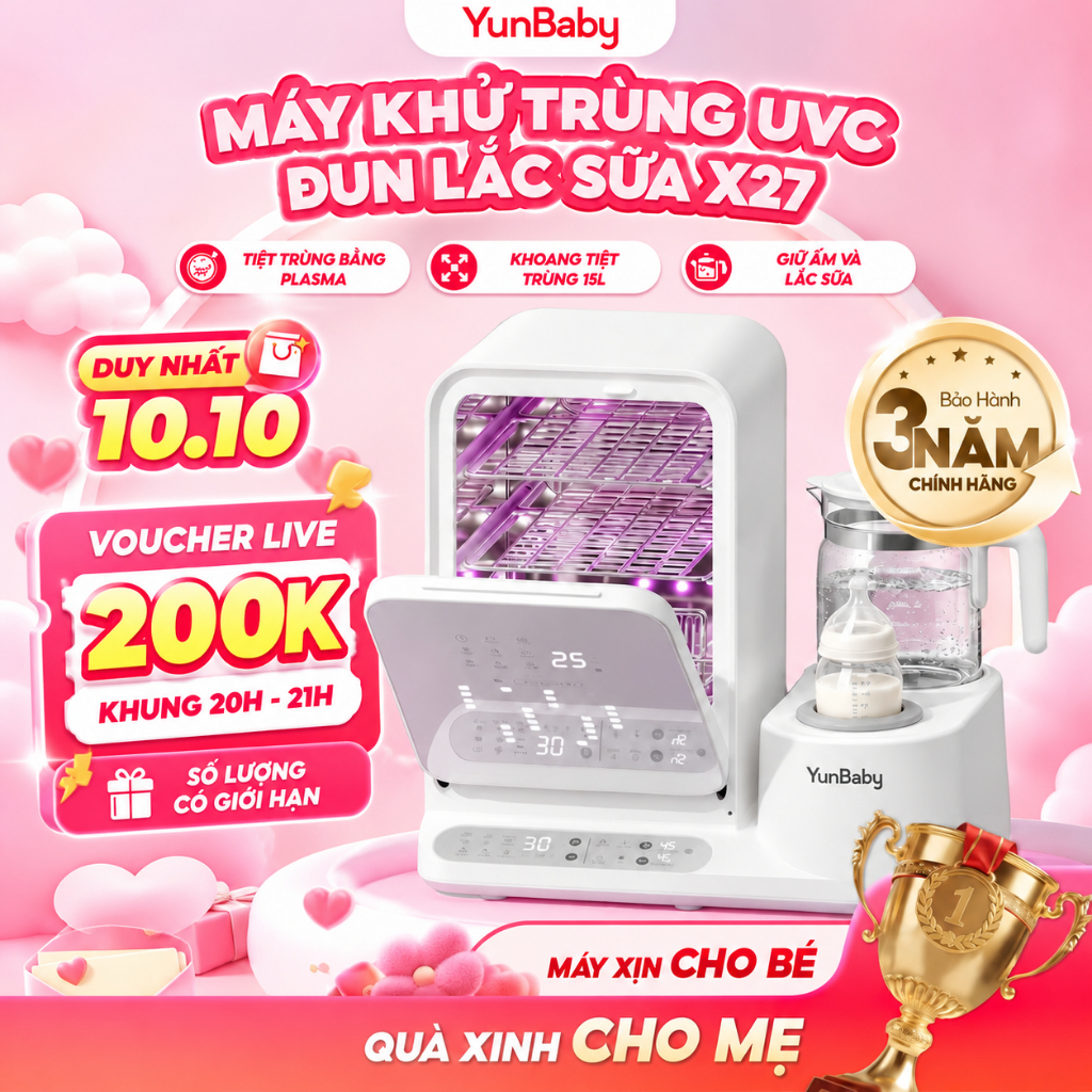 [BẢN TIẾNG VIỆT]  Máy tiệt trùng Yunbaby X27 đun nước Hâm Pha sữa Lắc sữa Tiệt trùng bình sữa Sấy khô Khử clo Plasma UVC
