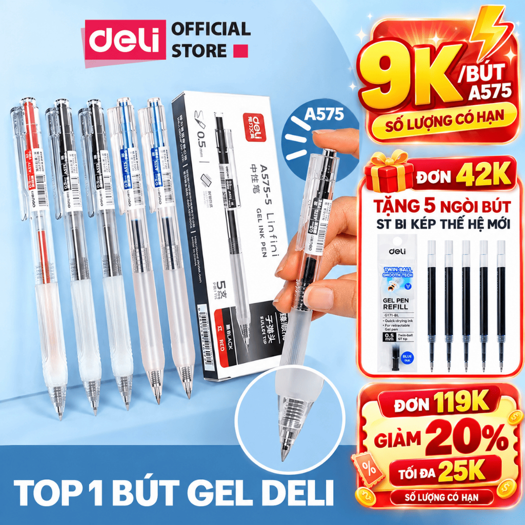 [⚡9K] CẢI TIẾN A575 Bút Bi Nước Bút Gel Bấm Ngòi 0.5mm Bút Gel A575 Deli Vỏ Trong Suốt Có Đệm Tay Văn Phòng