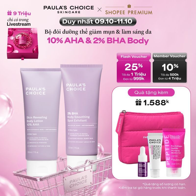 Bộ đôi kem dưỡng thể 10% AHA làm sáng da,mờ thâm+ 2% BHA giảm viêm lỗ chân lông và mụn cơ thể Paula's Choice