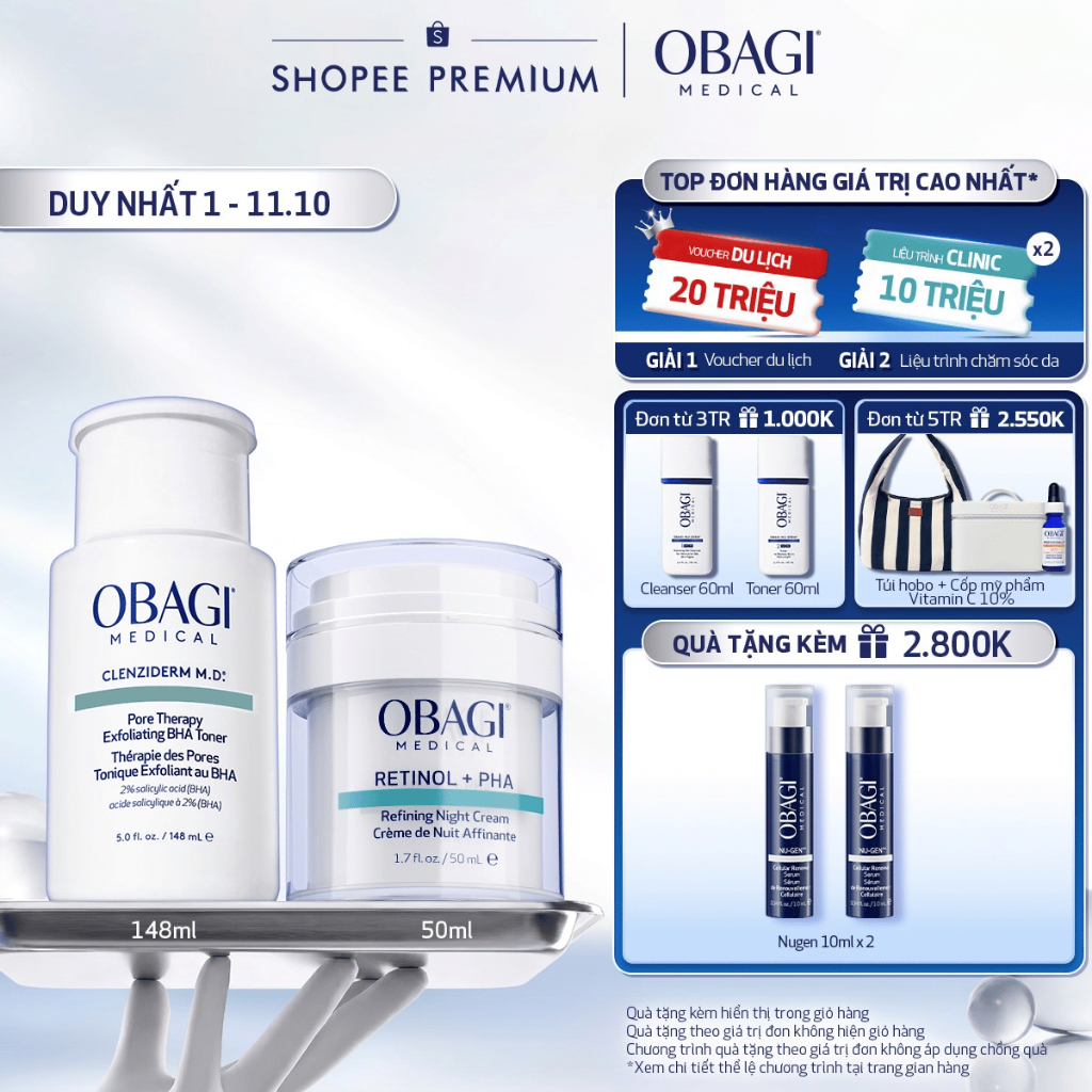 [Voucher SVIP 18%] Bộ đôi Kem Dưỡng Đêm Obagi Retinol + PHA 50ml và Toner Obagi Clenziderm M.D. Exfoliating 2% BHA 148ml