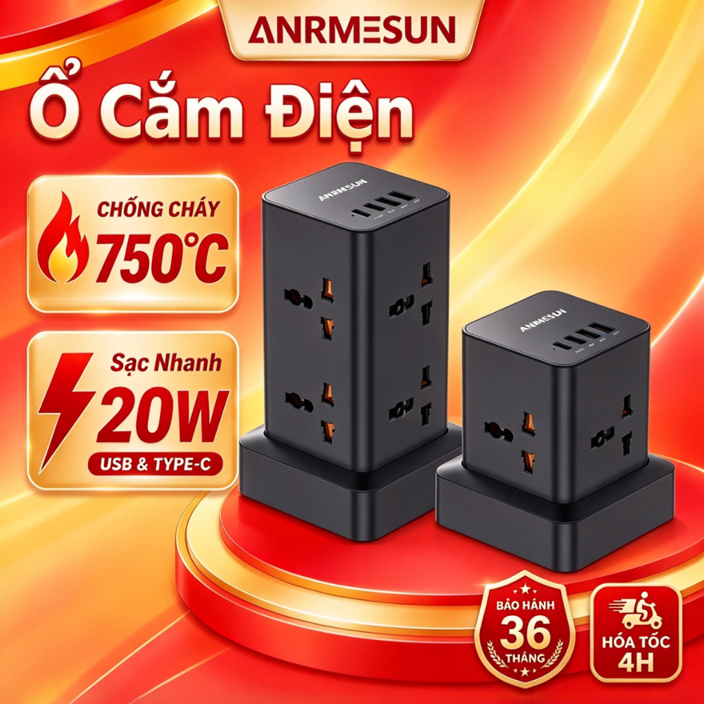 Ổ Cắm Điện Dáng Trụ ANRMESUN Sạc Nhanh PD20W Tích Hợp Cổng USB Type C 2400W Chống Cháy An Toàn Có Cầu Chì