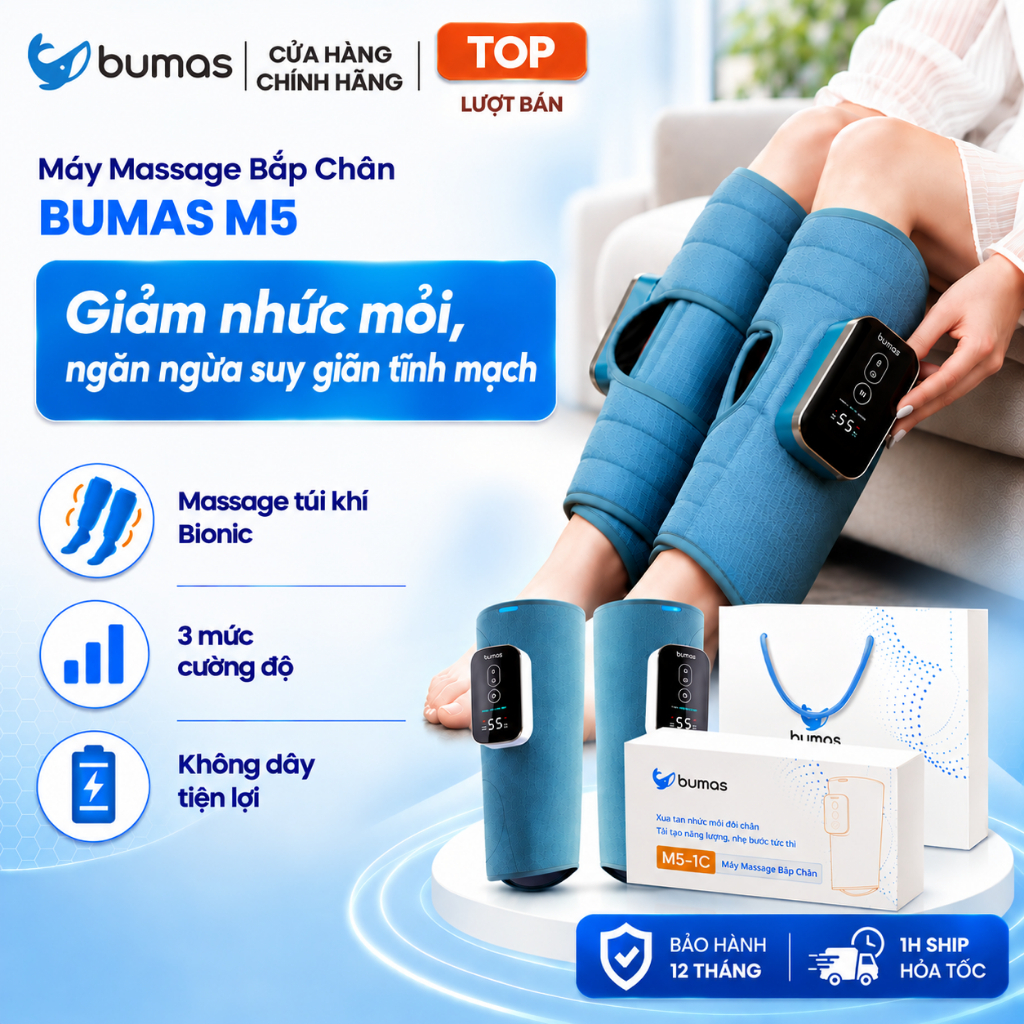 [Set Quà 20/10] Máy Massage Bắp Chân BUMAS M5 - Massage Chân Bằng Túi Khí - Hỗ Trợ Giảm Đau Chân Suy Giãn Tĩnh Mạch