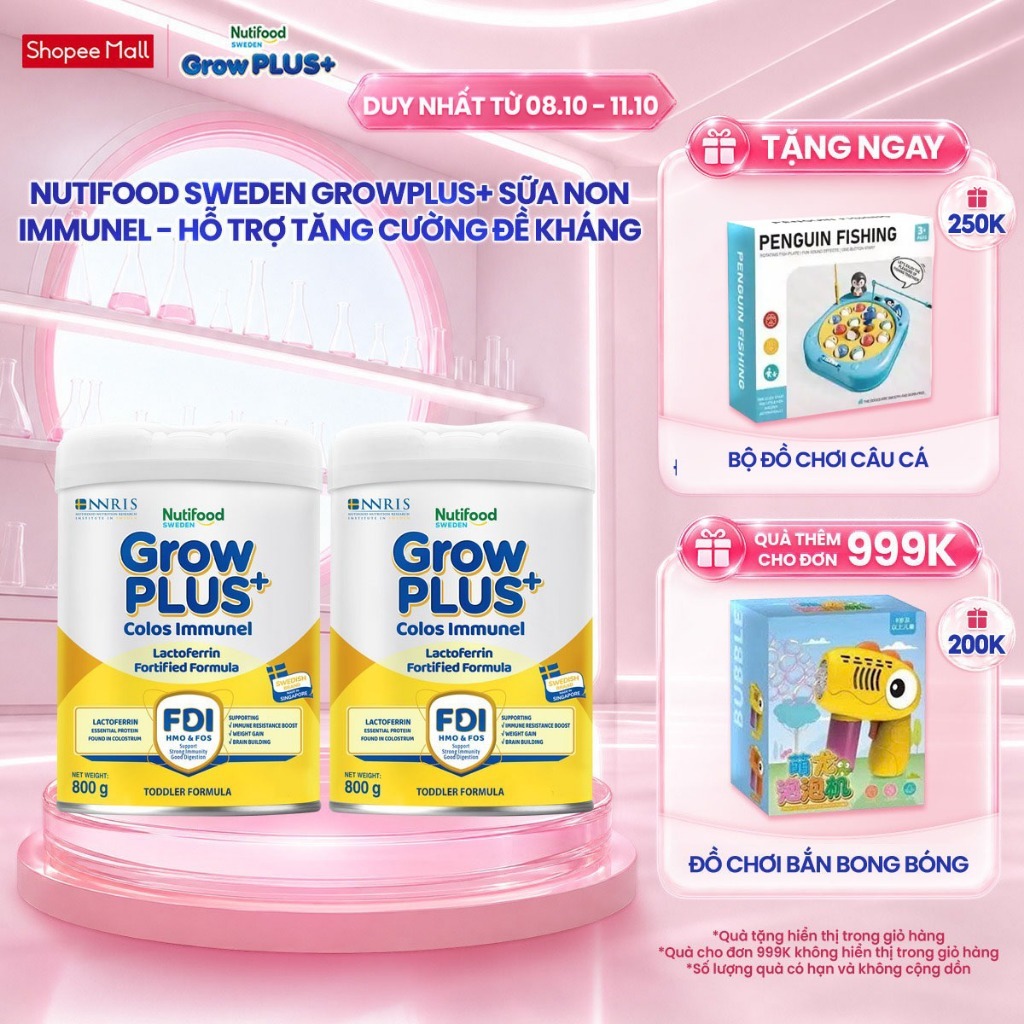Combo 2 Sữa Bột Nutifood Sweden GrowPLUS+ Sữa Non Immunel lon 800 g (Bao bì tuỳ lô hàng)