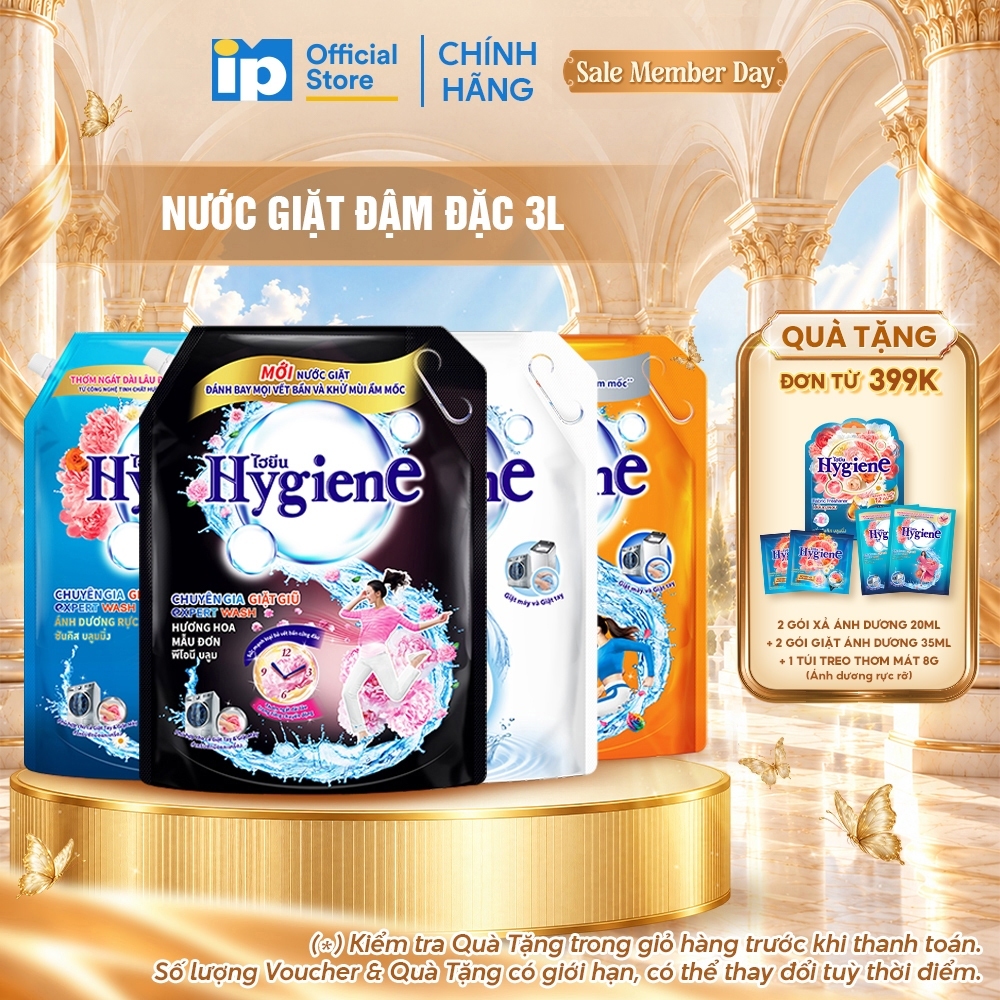Nước Giặt Đậm Đặc Hygiene 3L (Dịu Êm/ Ánh Dương Hạnh Phúc/ Hoa Mẫu Đơn/ Ánh Dương Rực Rỡ)