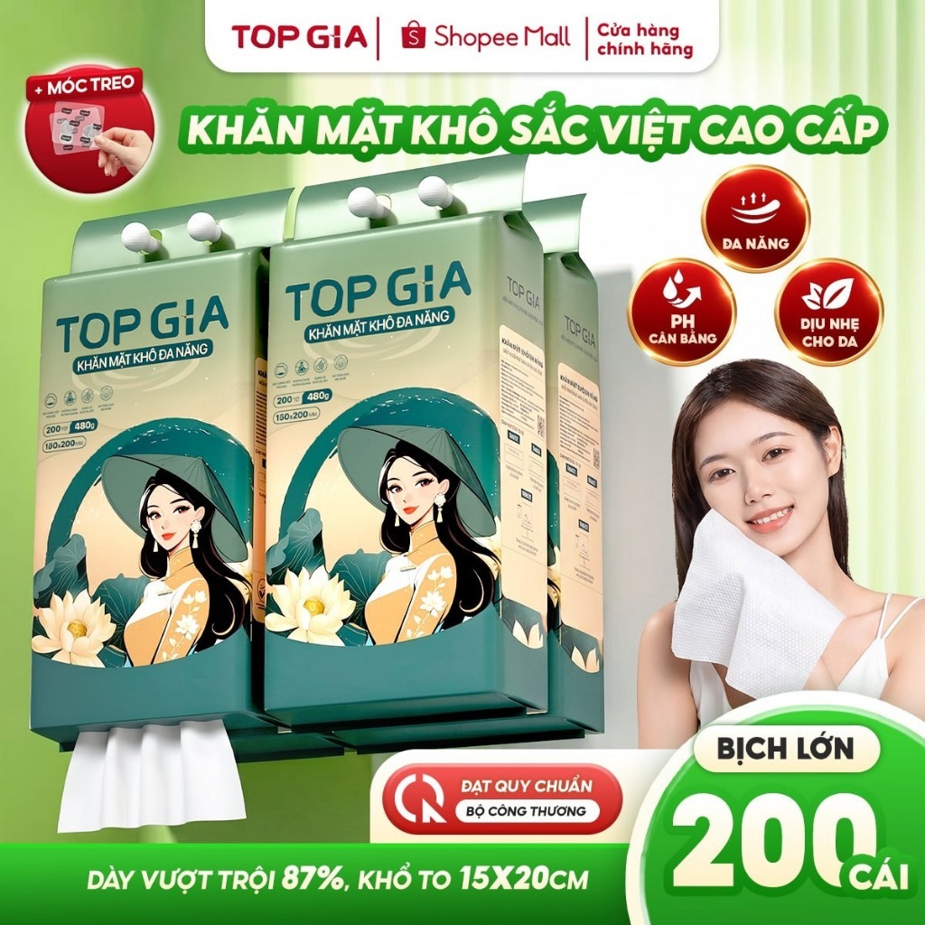 Khăn vải khô đa năng Top Gia, bịch 200 tờ Sắc Việt rút treo tường an toàn cho da tặng móc treo
