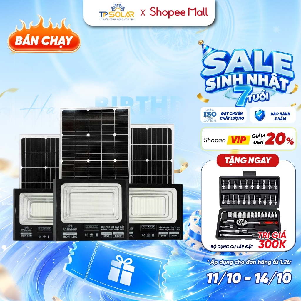 Đèn Pha Năng Lượng Mặt Trời TP SOLAR 200W, 300W, 600W Chiếu Sáng 100-300m2, Vỏ Hợp Kim Nhôm, Sáng Xuyên Đêm