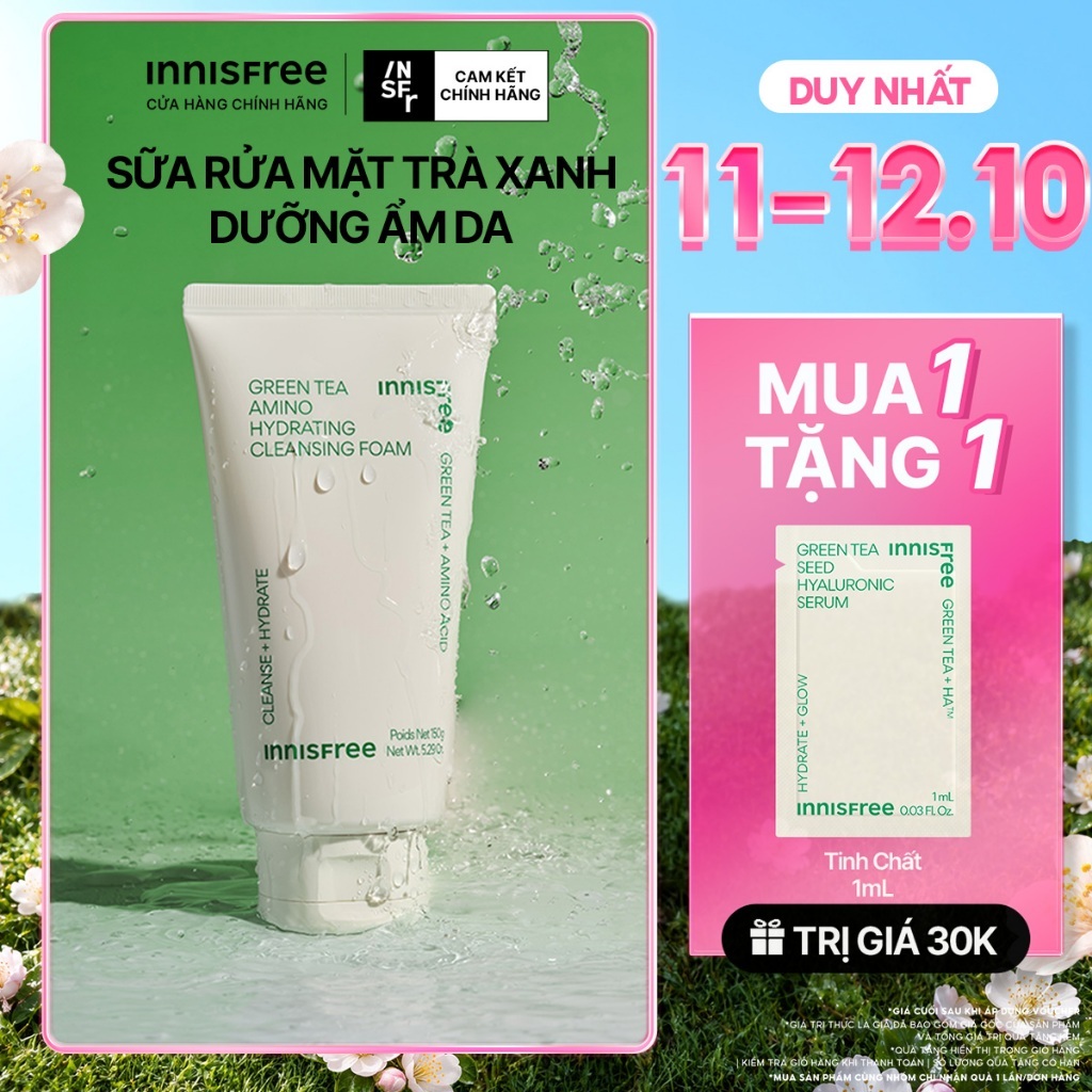 Sữa rửa mặt trà xanh sạch sâu ẩm mịn INNISFREE Green Tea Amino Cleansing Foam 150g