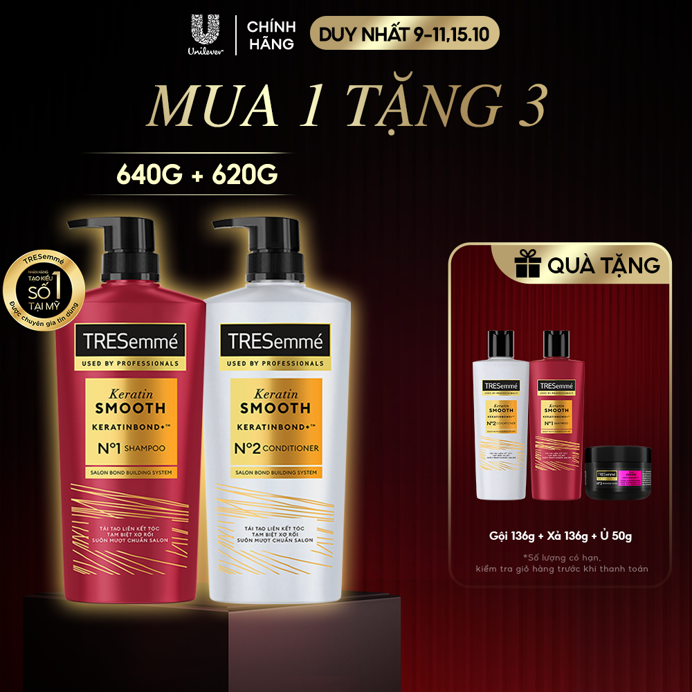 [Diện mạo mới] Combo Dầu Gội, Dầu Xả TRESemmé Keratin Smooth Keratinbond+ Cho Tóc Khô Xơ Rối Vào Nếp Suôn Mượt 640g,620g