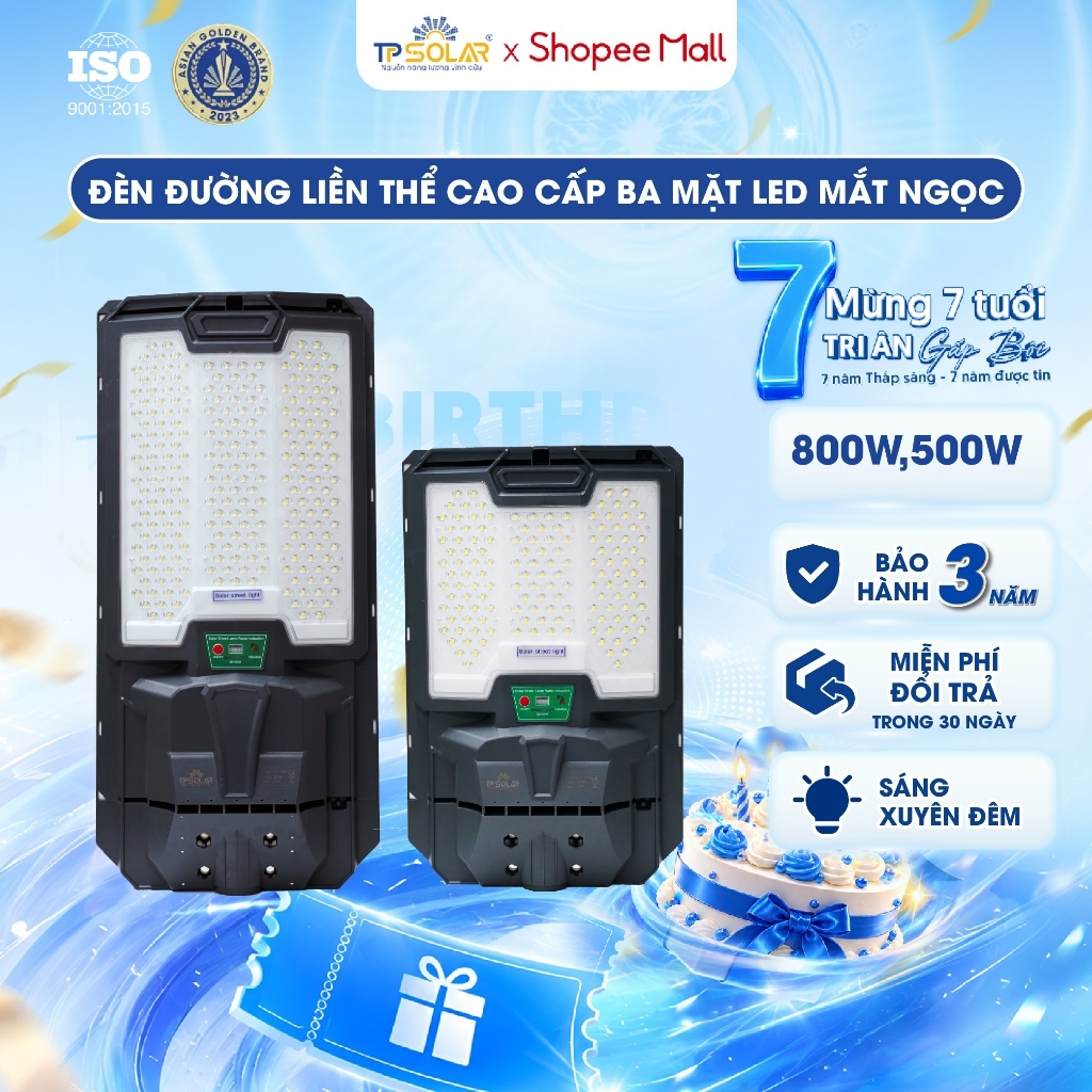 Đèn Đường Năng Lượng Mặt Trời Liền Thể TP SOLAR Công Suất 500W, 800W Chiếu Sáng 150-350m2, Cảm Biến Chuyển Động
