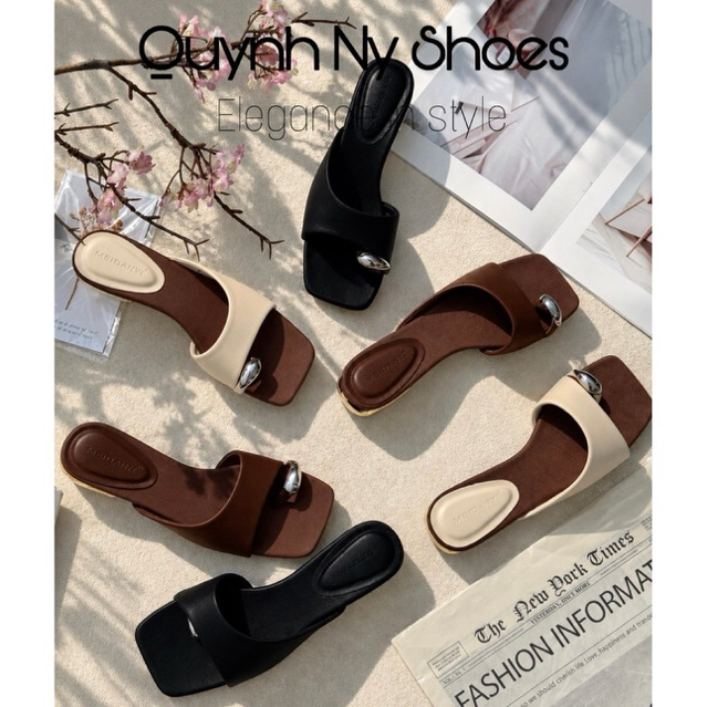NYNY - ( Chân no đầy tăng size) Giày nữ cao gót 3cm gót đồng quai xỏ ngón có charm bạc