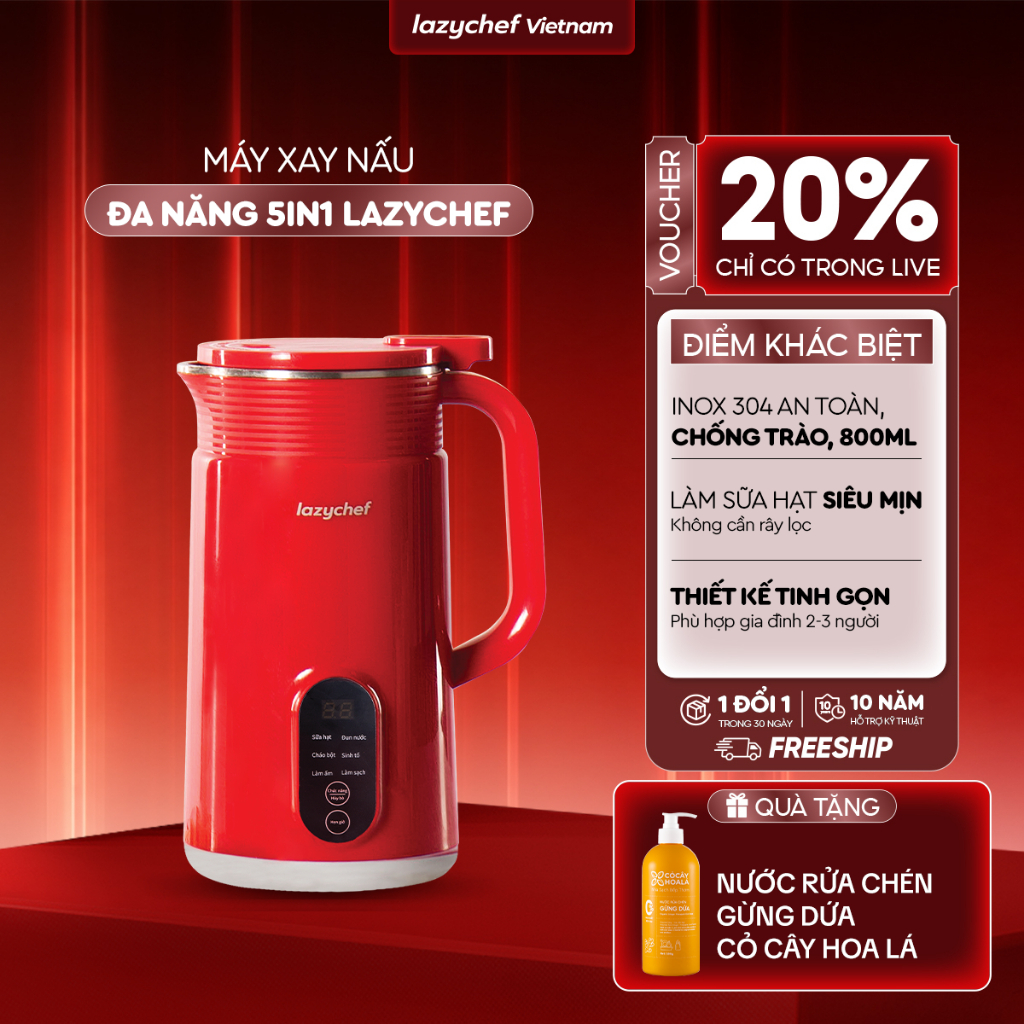 Máy làm sữa hạt đa năng 5in1 LazyChef, nấu cháo, xay sinh tố, chống trào, độ ồn thấp bảo hành 12 tháng chính hãng