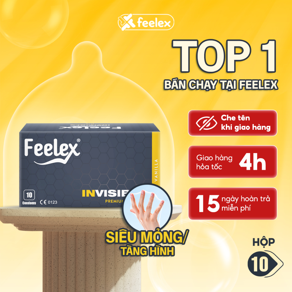 Bao cao su siêu mỏng Feelex Condoms kéo dài thời gian, gân gai, nhiều gel bôi trơn hộp 10 chiếc