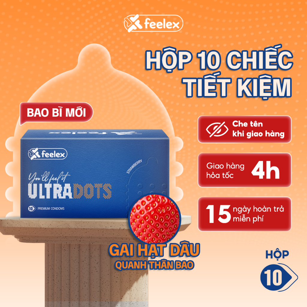 Bao cao su Feelex gân gai Ultra Dots tạo cảm giác mới lạ siêu mỏng nhiều gel bôi trơn giảm ma sát không đau rát hộp 10C