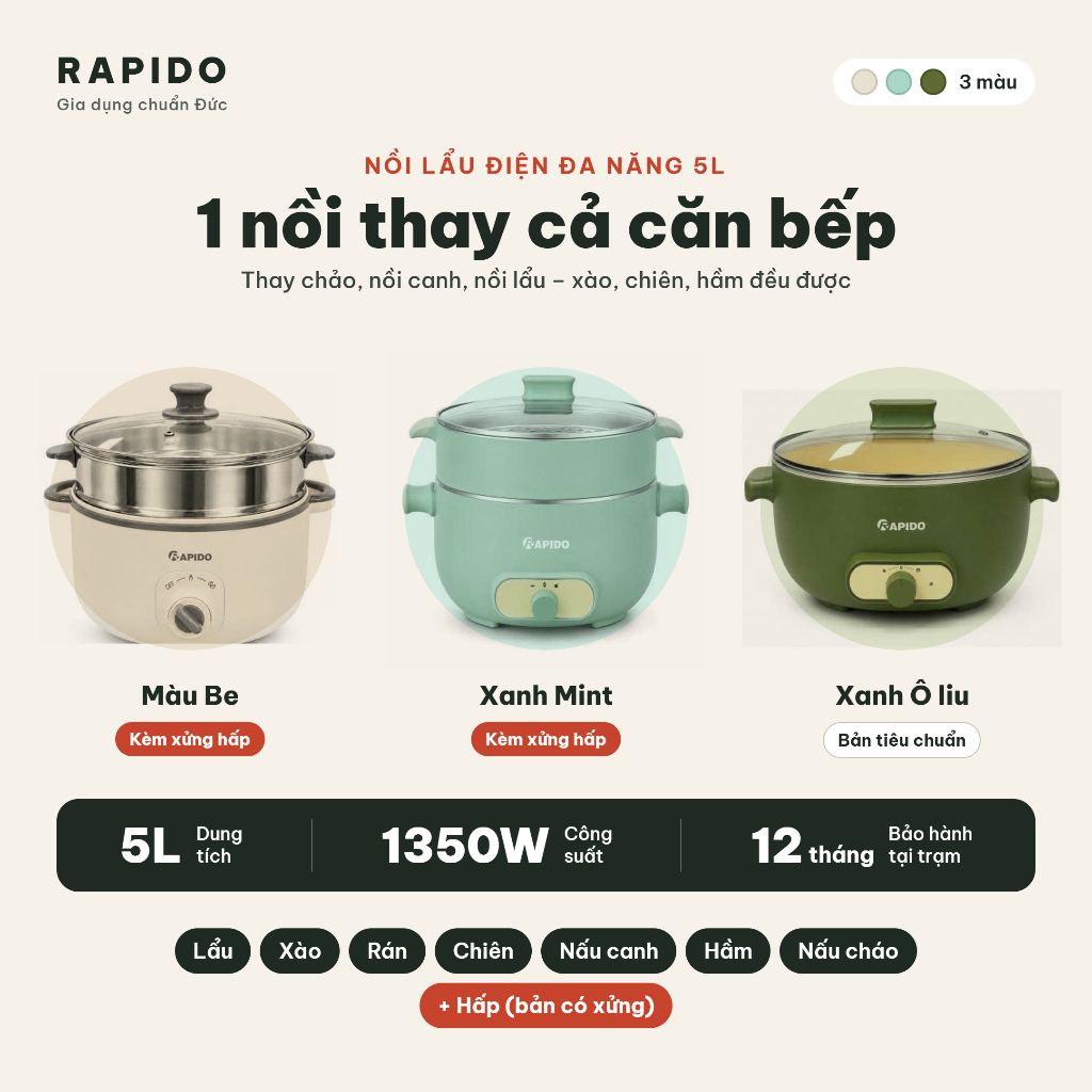 Nồi lẩu điện đa năng  chính hãng RAPIDO 5L 1350W 1 nồi thay cả căn bếp có kèm xửng hấp bảo hành 12 tháng