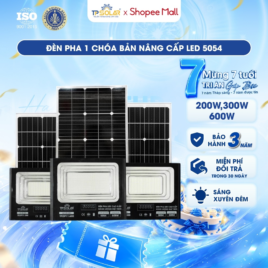 Đèn Pha Năng Lượng Mặt Trời TP SOLAR 200W, 300W, 600W Chiếu Sáng 100-300m2, Vỏ Hợp Kim Nhôm, Sáng Xuyên Đêm