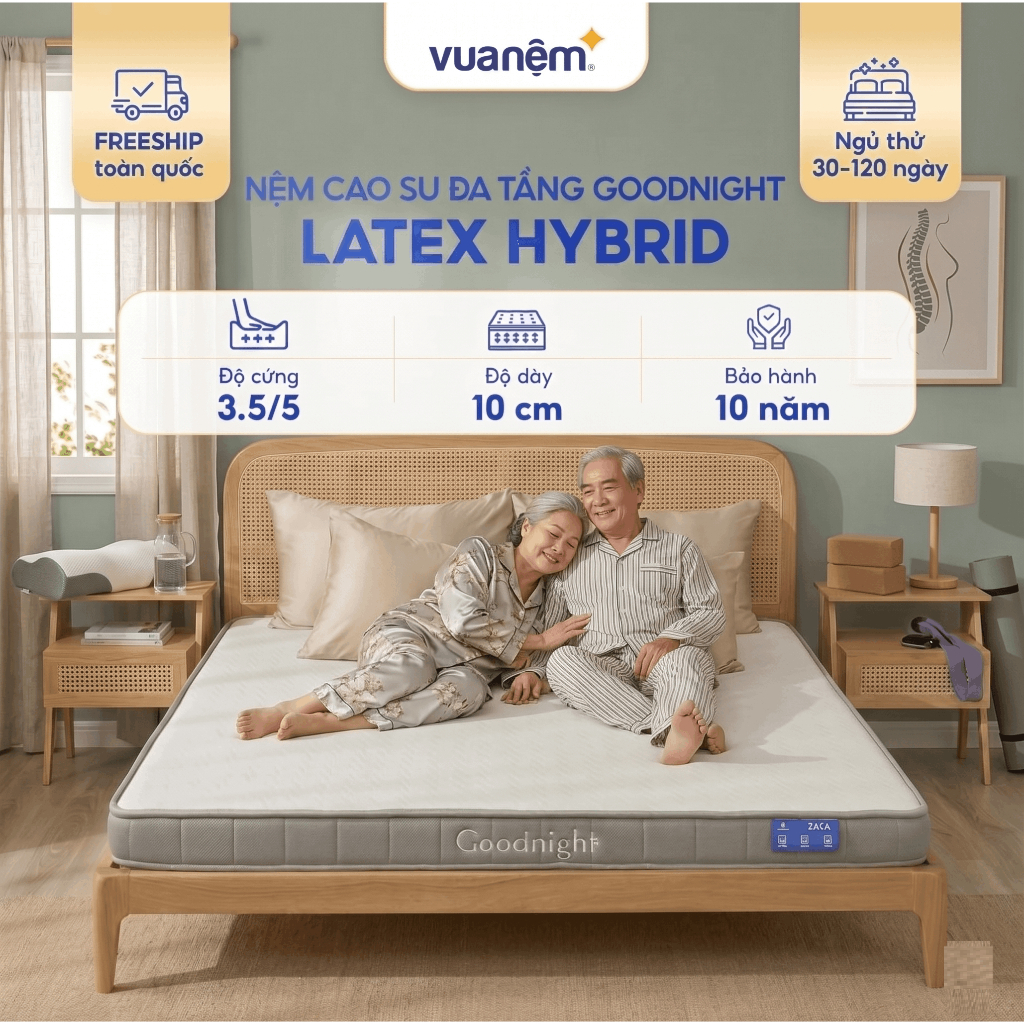 Nệm cao su foam Goodnight Latex Hybrid, đệm foam cao su Vua Nệm, phù hợp người đau lưng (Không phải nệm Cao Su Non)