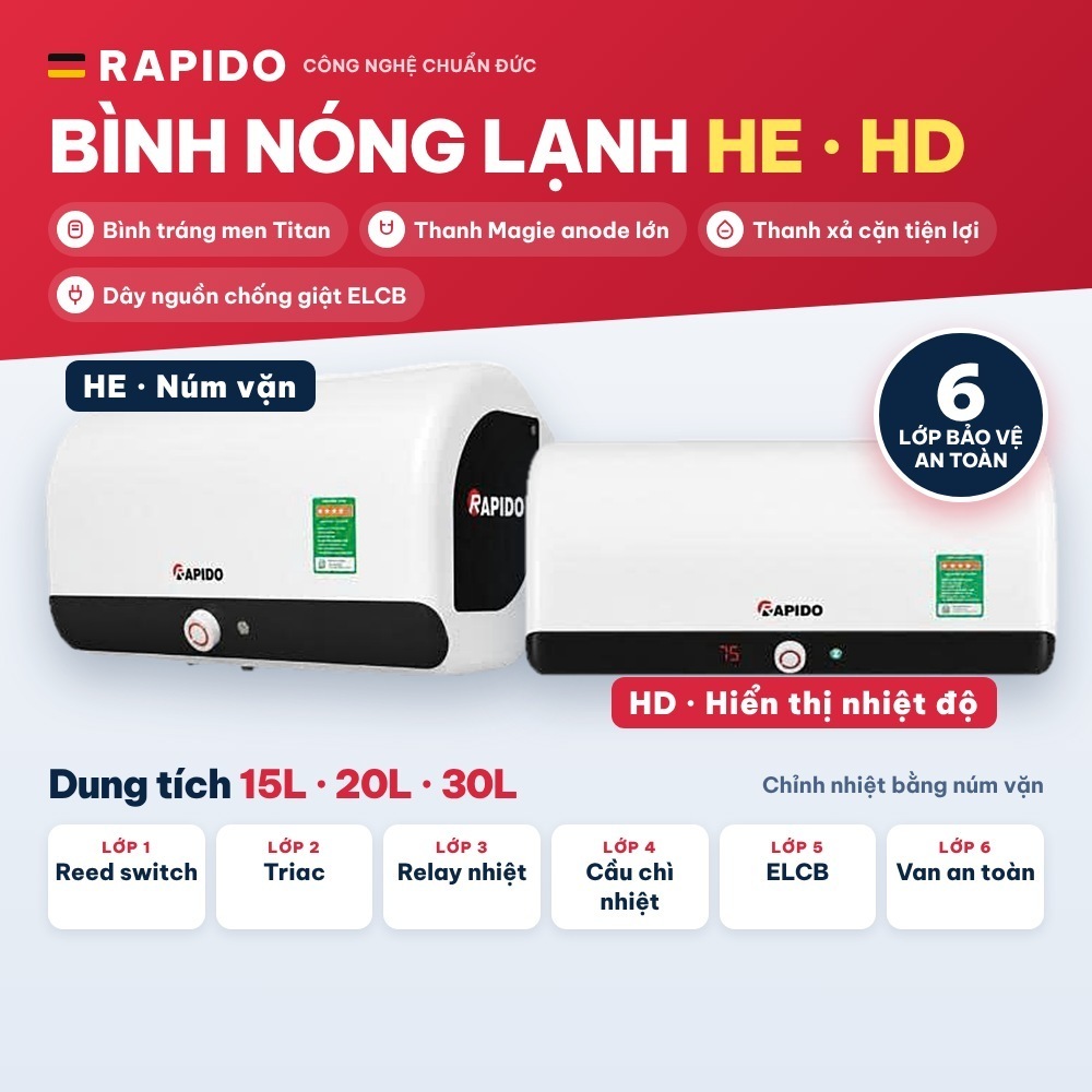 Bình nóng lạnh chính hãng Rapido HE HD HA Ag+ 15L 20L 30L gián tiếp chống giật ELCB, 6 lớp an toàn, men Titan
