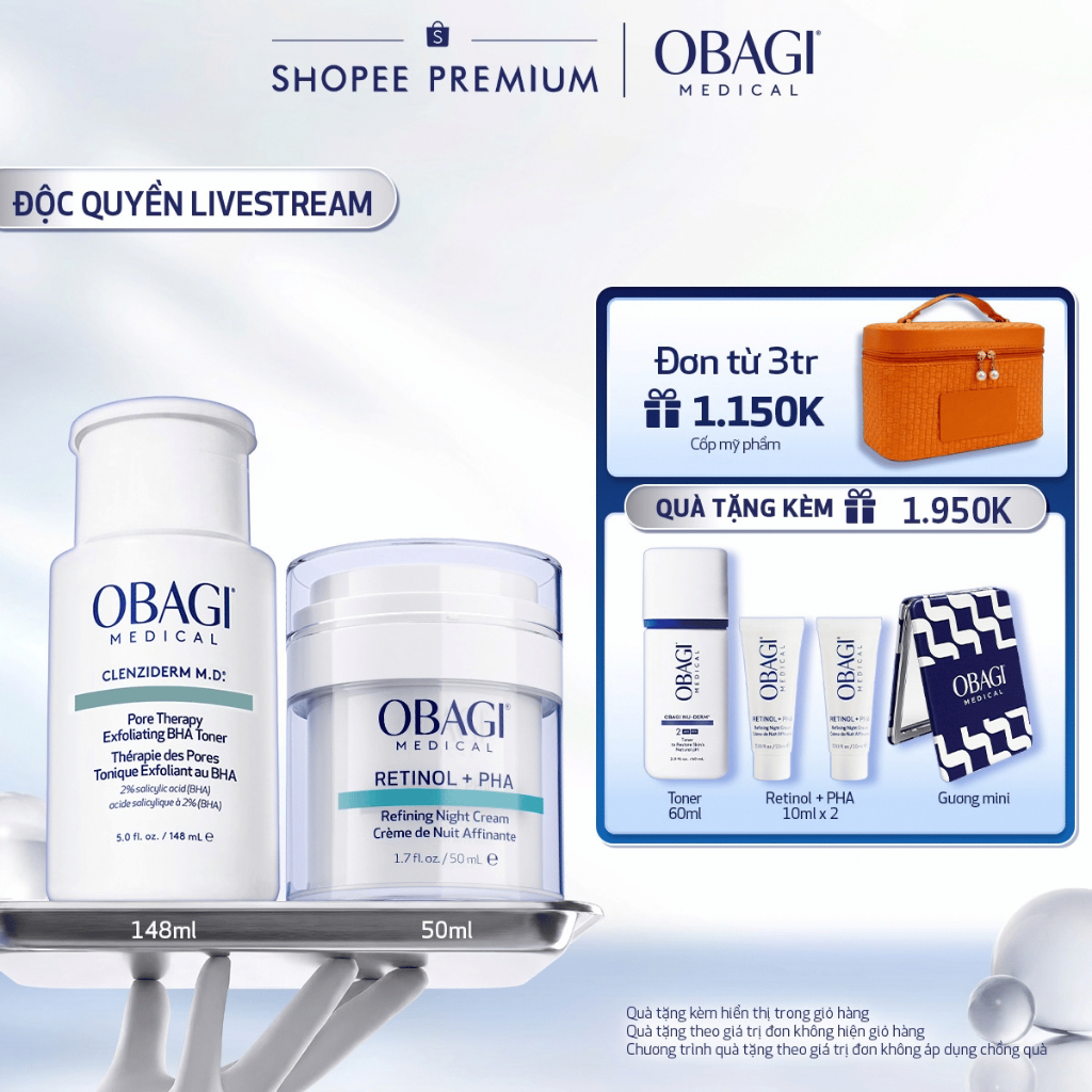 [Voucher SVIP 18%] Bộ đôi Kem Dưỡng Đêm Obagi Retinol + PHA 50ml và Toner Obagi Clenziderm M.D. Exfoliating 2% BHA 148ml