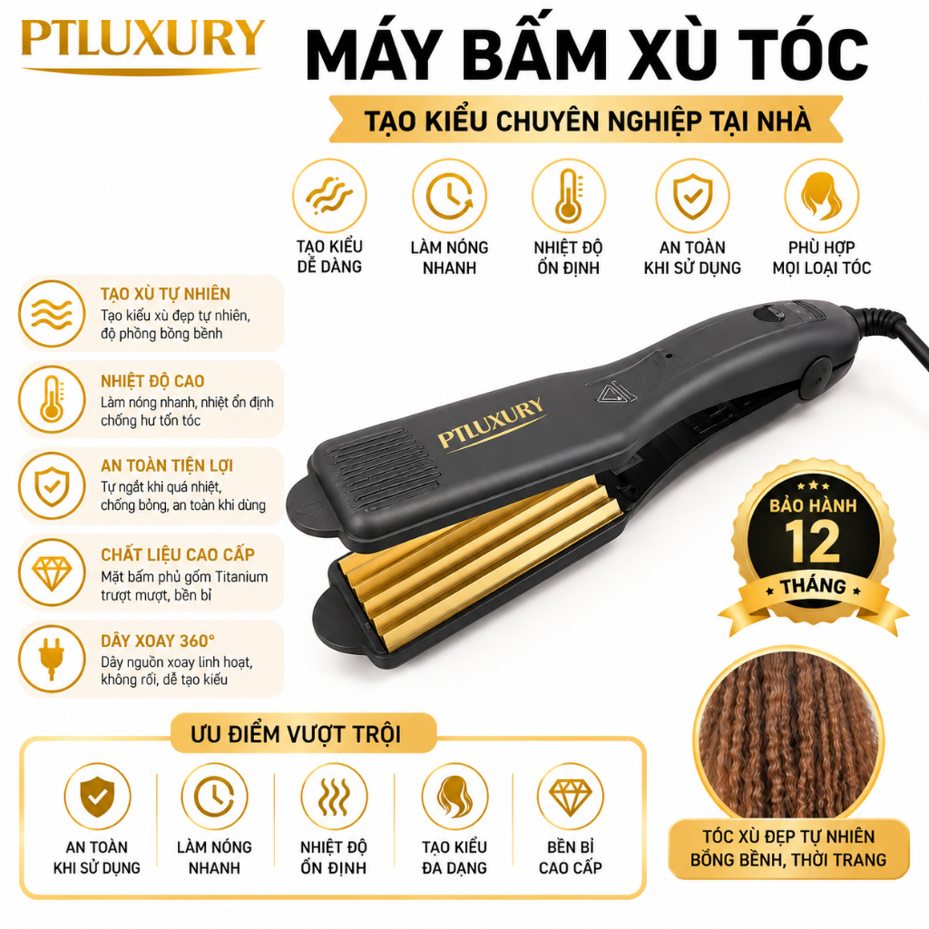 Máy dập xù chân tóc PTLUXURY bấm xù,bấm mè tạo kiểu tóc làm phồng chân tóc bản to cao cấp