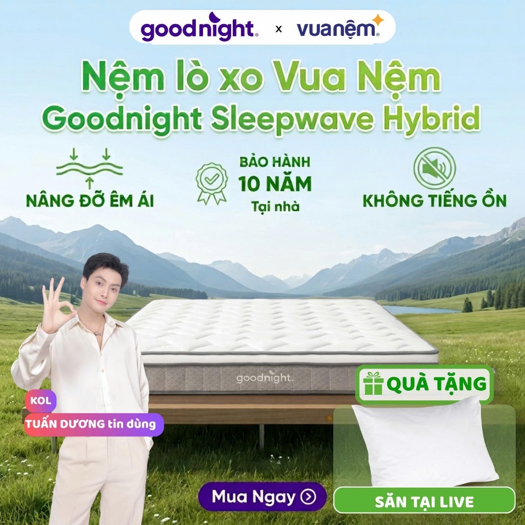[TẶNG GỐI] Nệm Lò Xo Túi Độc Lập Vua Nệm Goodnight Sleep Wave Hybrid, Đệm Lò Xo Khách Sạn 20cm