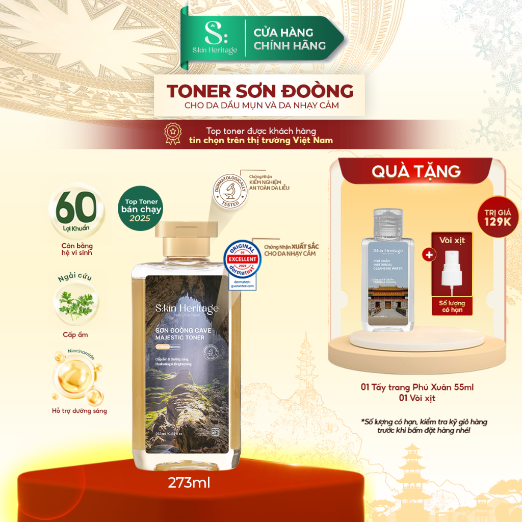 Toner Sơn Đoòng Skin Heritage hỗ trợ cấp ẩm, dưỡng sáng cung cấp 60 Lợi Khuẩn cho da nhạy cảm, da dầu mụn 273ml
