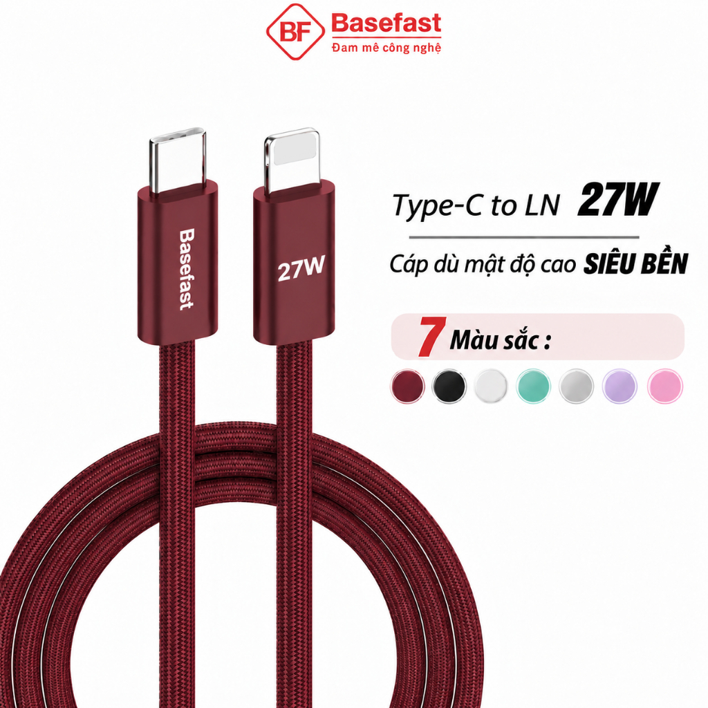 Dây sạc nhanh 20W Basefast cáp PD27W dài 1m 2m bọc dù siêu bền cho Phone xs 12 11 13 14 pro max