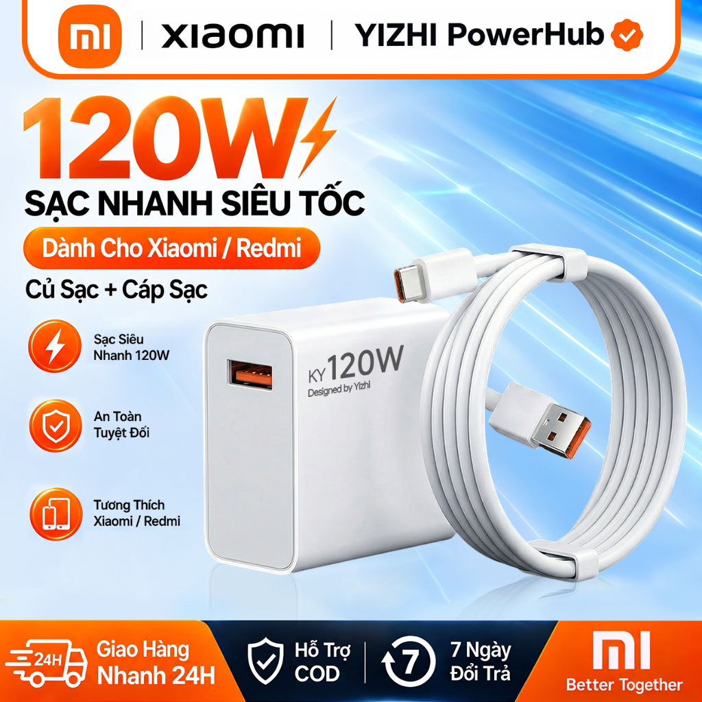Bộ Sạc Nhanh 120W USB-A Kèm Cáp Type-C 6A Cho Xiaomi Redmi – Củ Sạc Siêu Nhanh, An Toàn, Tương Thích Rộng