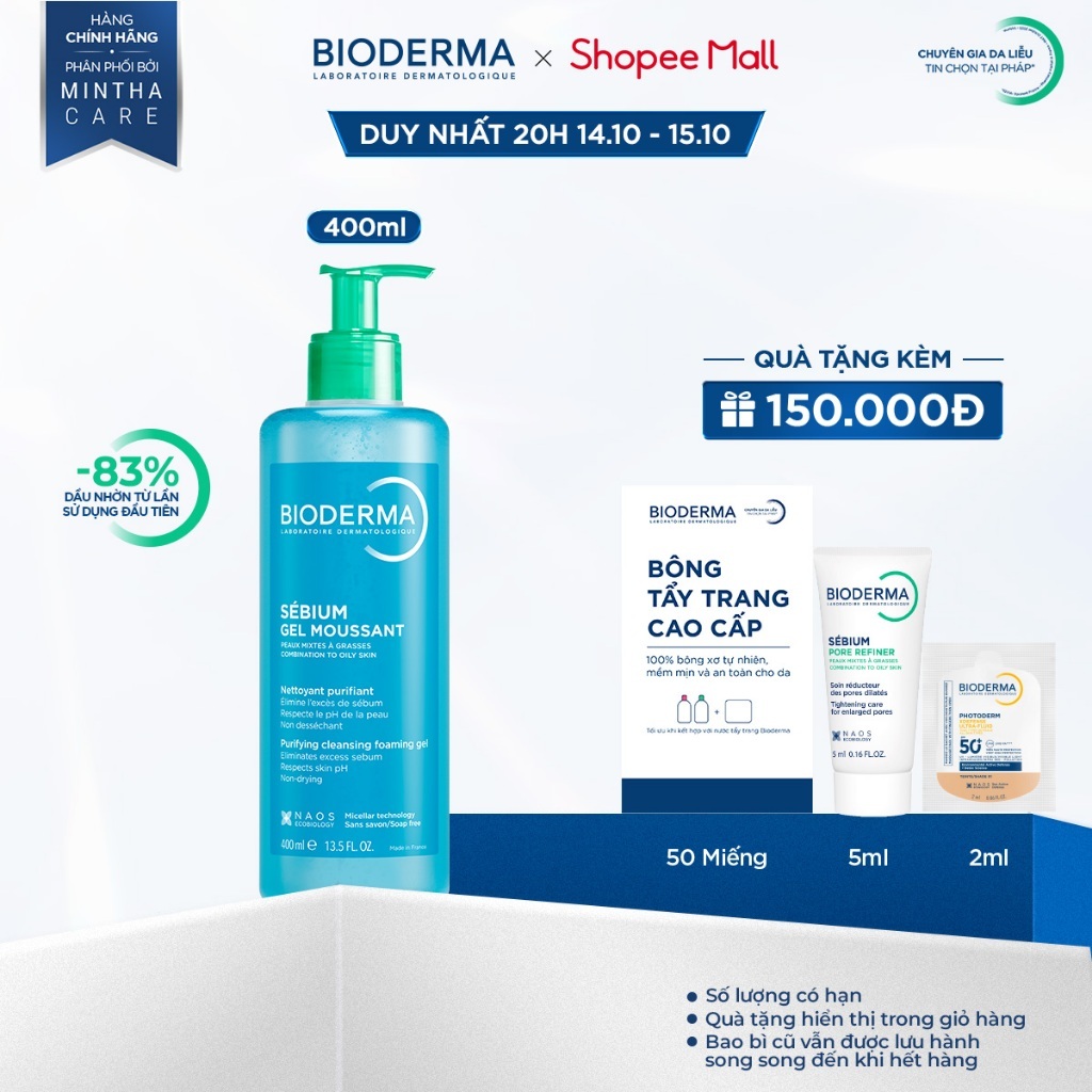 Gel rửa mặt tạo bọt, không chứa xà phòng Bioderma Sebium Gel Moussant - 400ml