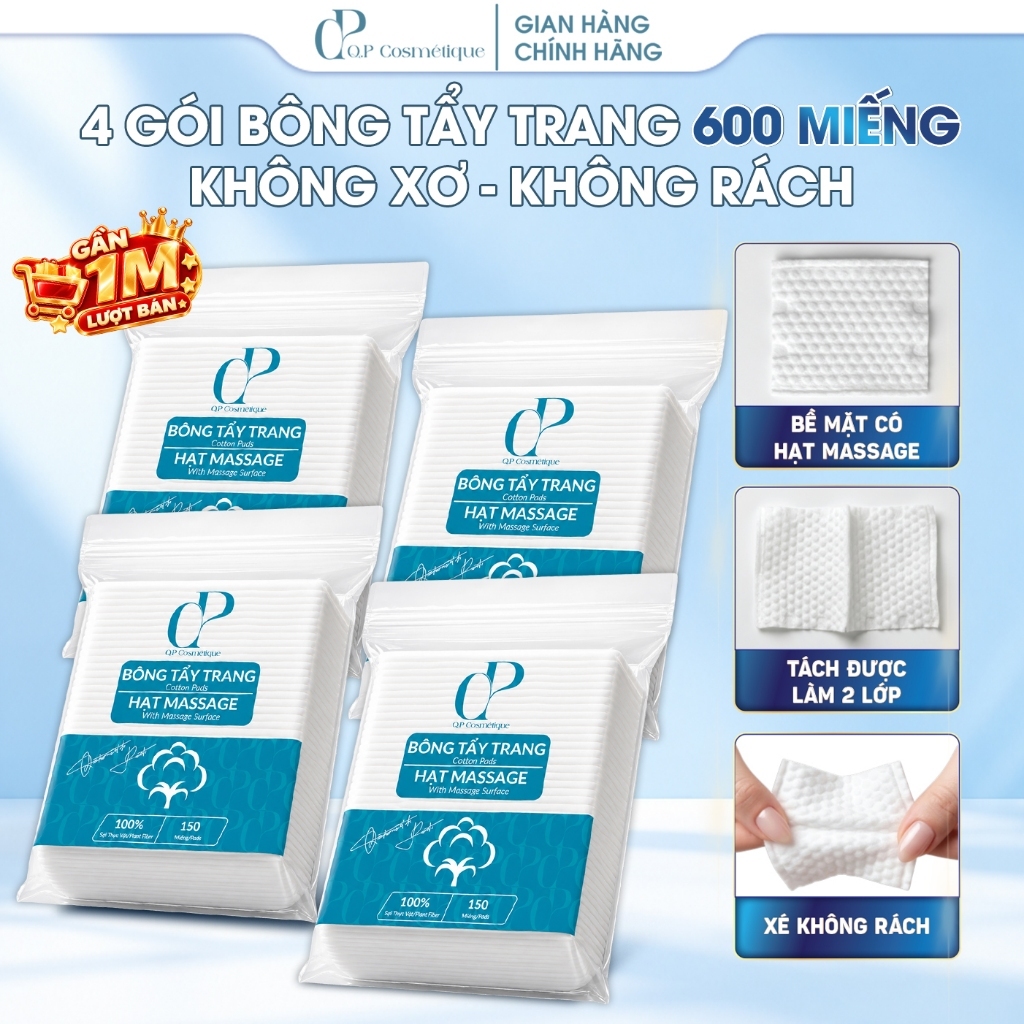 Combo 4 Gói | 600 Miếng Bông Tẩy Trang Q.P Cosmétique Không Xơ Không Rách, Hạt Massage Sạch Sâu