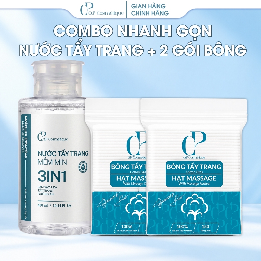 Combo Nhanh Gọn Nước Tẩy Trang + Bông Tẩy Trang Q.P Cosmétique | Làm Sạch Dịu Nhẹ Hằng Ngày