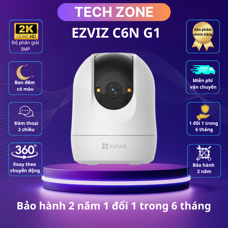Camera EZVIZ C6N G1 độ phân giải 2K-3MP, camera 360 theo chuyển động, cảnh báo còi hú