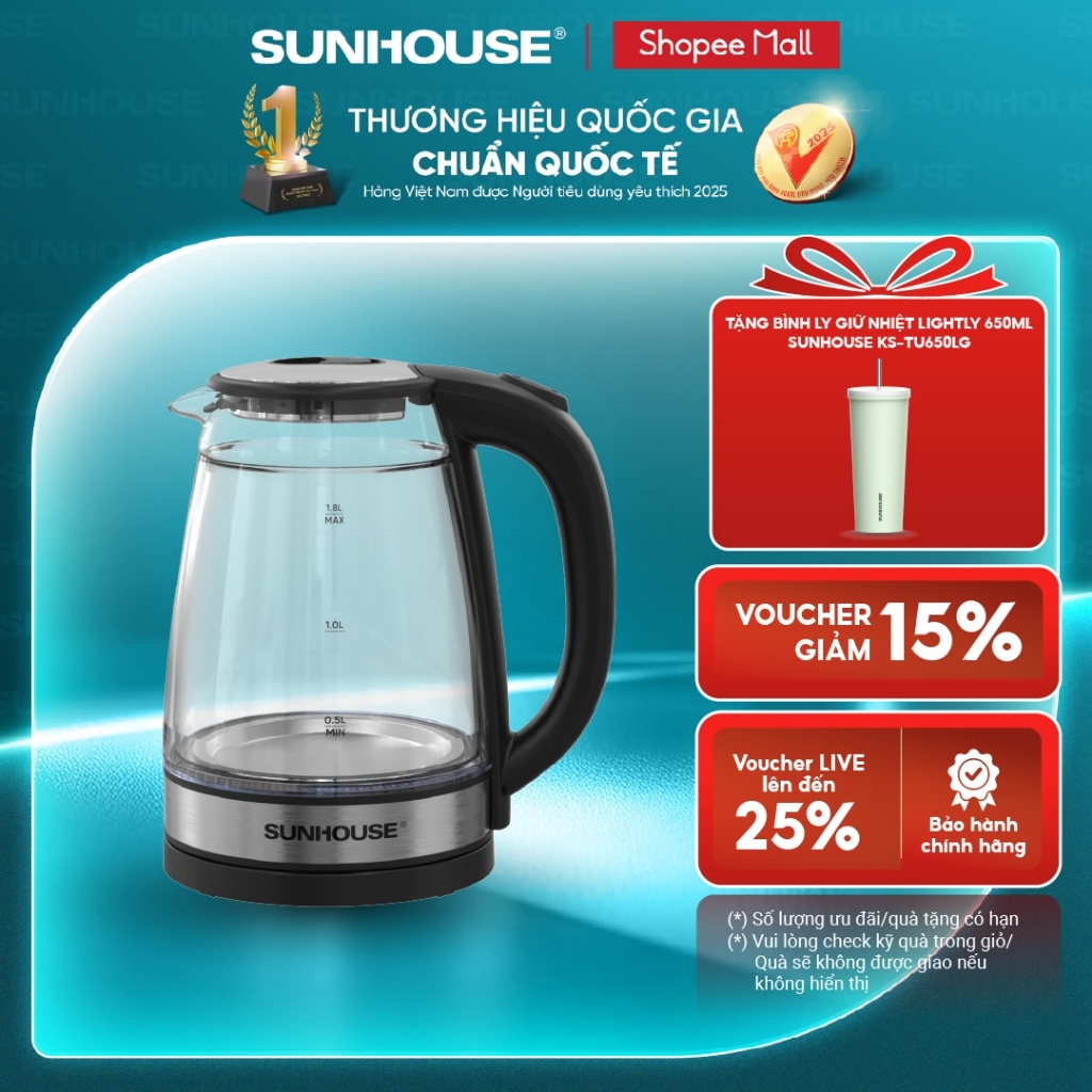 Ấm siêu tốc thủy tinh 1.8L Sunhouse SHD1331 - 2 lớp thủy tinh + nhựa PC chống bỏng - Đun sôi siêu tốc