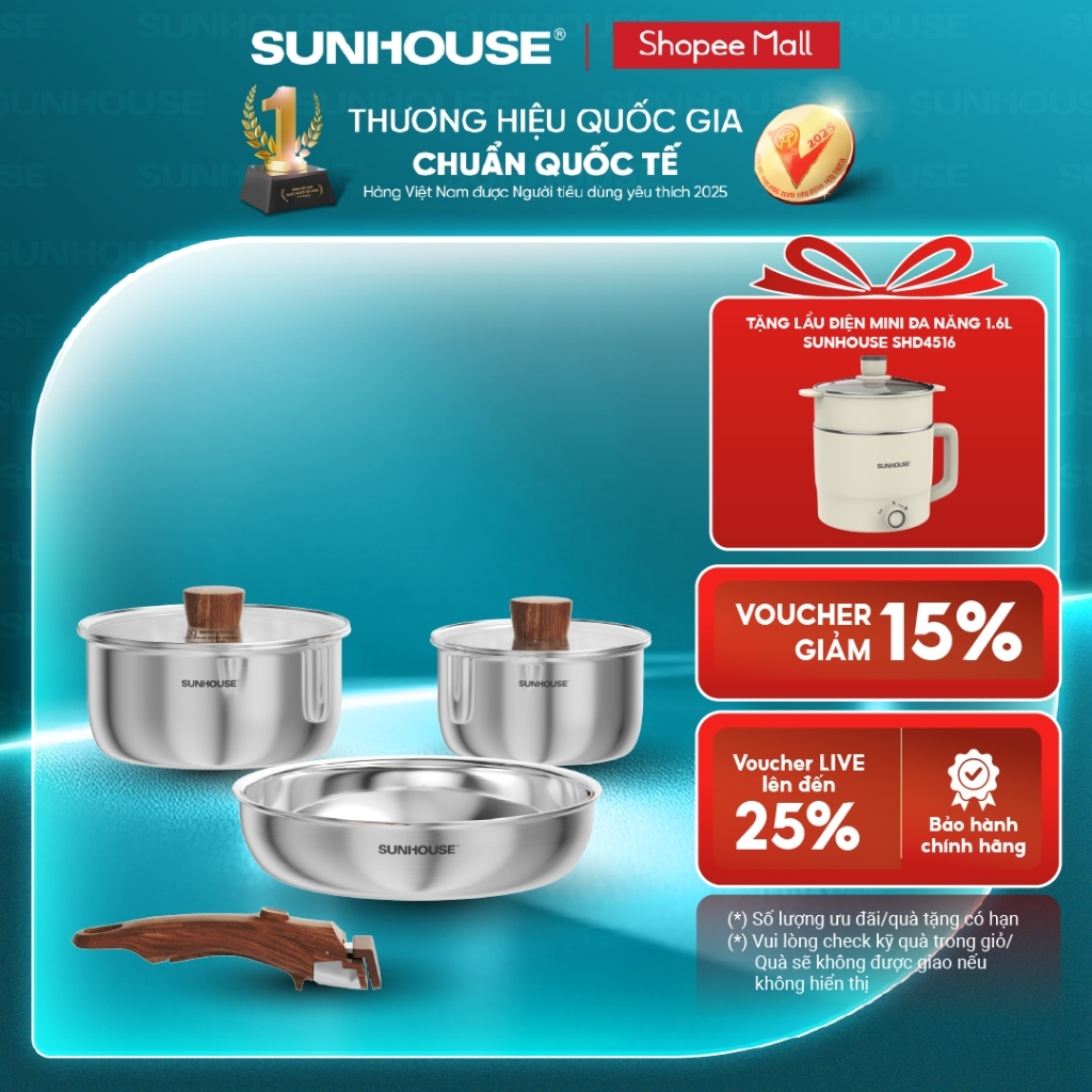 Bộ nồi inox nguyên khối cán rời Sunhouse Healthy SHG831 - Cán rời thông minh - Bắt nhiệt vượt trội mọi loại bếp
