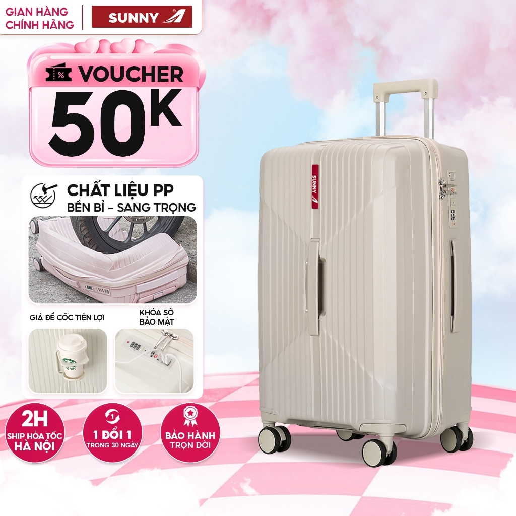 Vali kéo du lịch SUNNY CHOCO nhựa PP chống vỡ cổng sạc USB ngăn đựng cốc size 20 24 28 inch xách tay cabin ký gửi