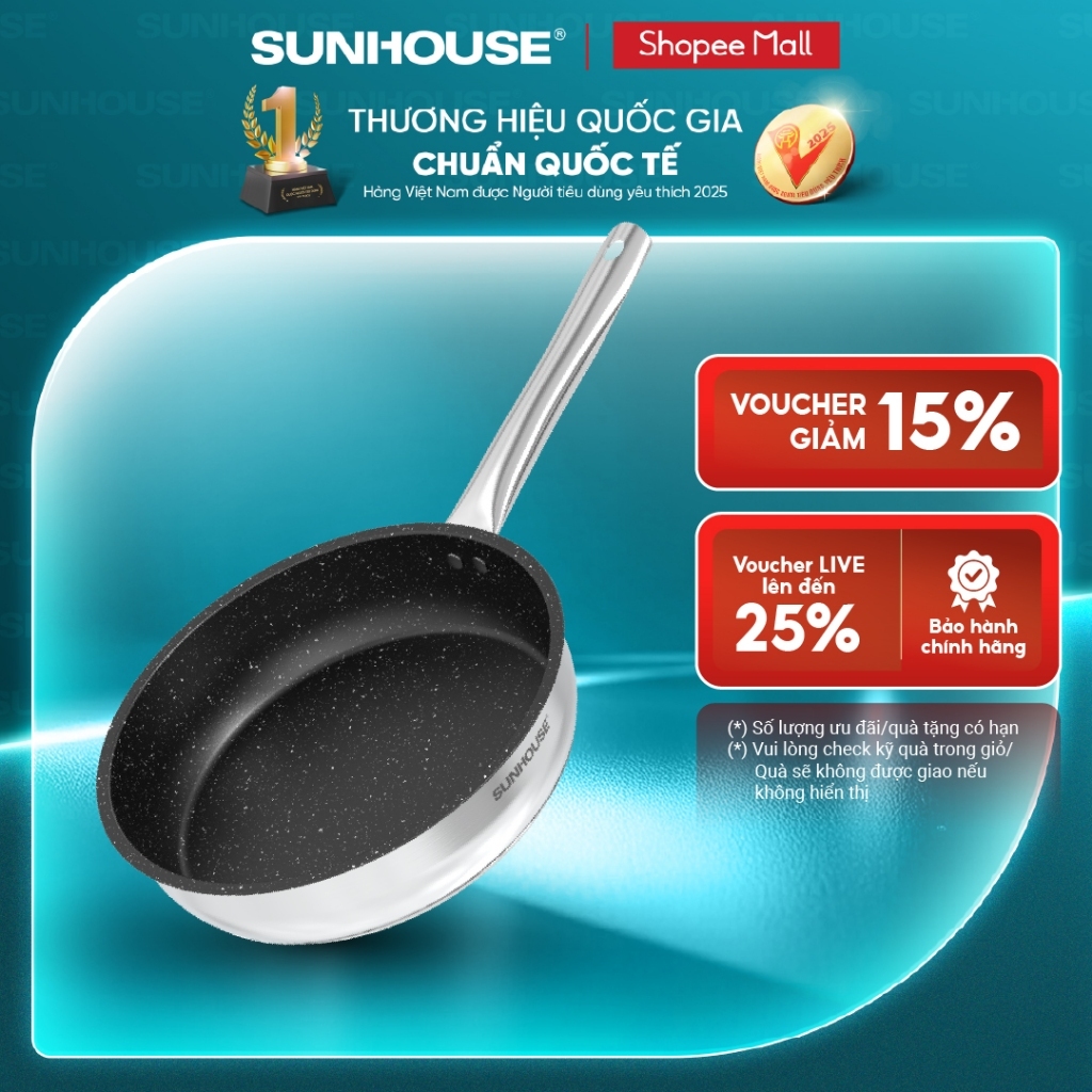 Chảo Inox Impact SUNHOUSE ECO IN20-24-26M5 - Đáy từ công nghệ mới Impact Bonding - Dùng được trên mọi loại bếp