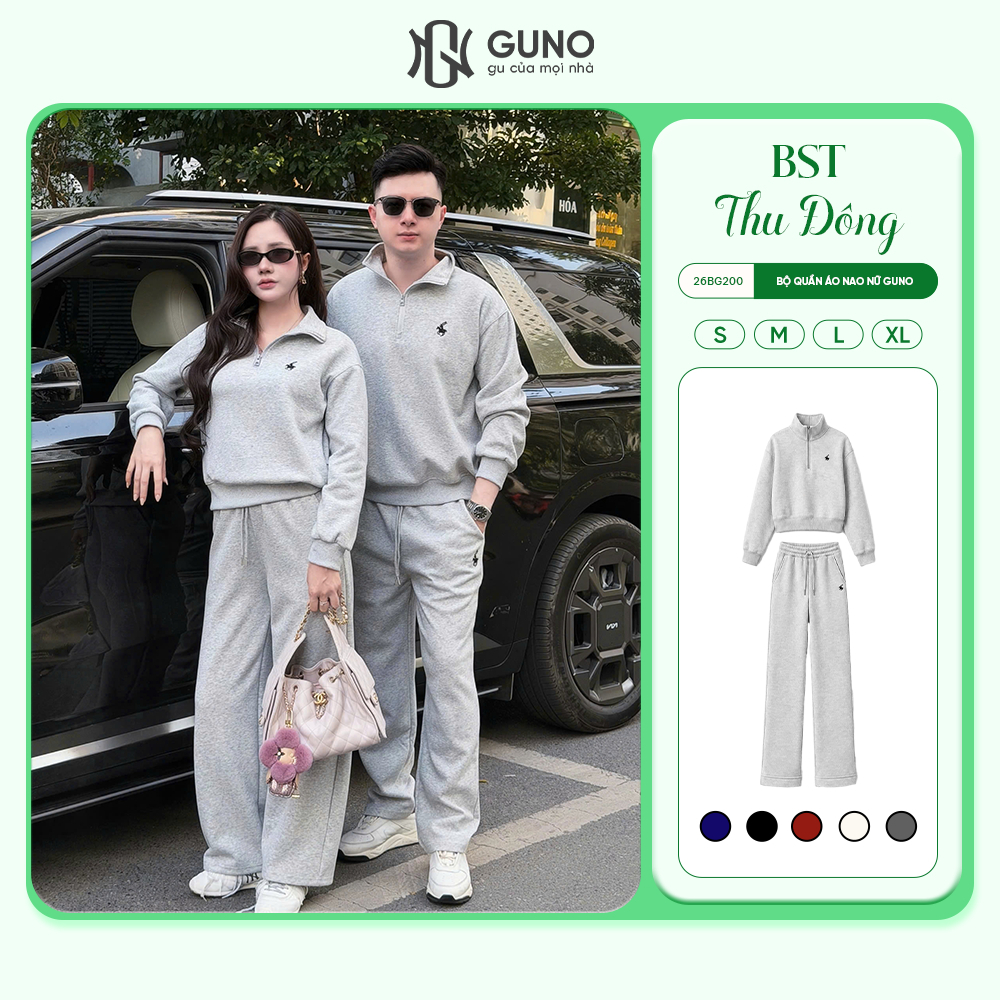 Bộ quần áo nam nữ thu đông GUNO set bộ nỉ cổ bẻ kéo khoá thời trang quần ống suông 26BG200/BB230